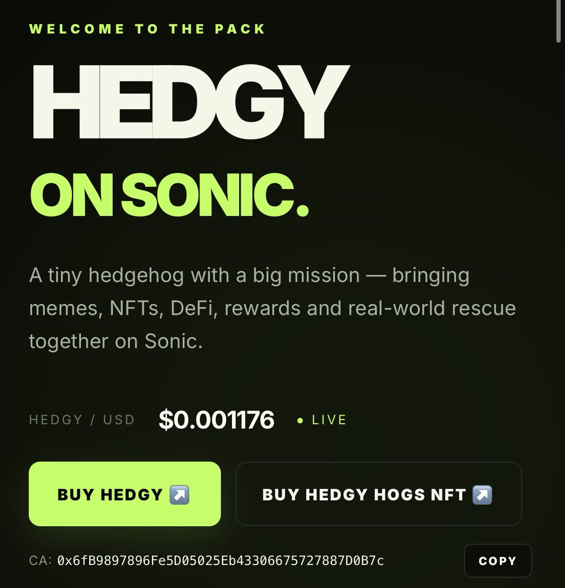 hedgycoin's tweet photo. We’ve rolled out a new end to end $HEDGY Hub.

> Track price
> Track liquidity 
> Track Mcap
> View your NFTs
> View your yield
> Buy HEDGY
> Buy NFTs

And more coming soon.

https://t.co/XhcAtwMpcz

Via @SonicLabs 🦔🤝 https://t.co/WG0xM75qVd