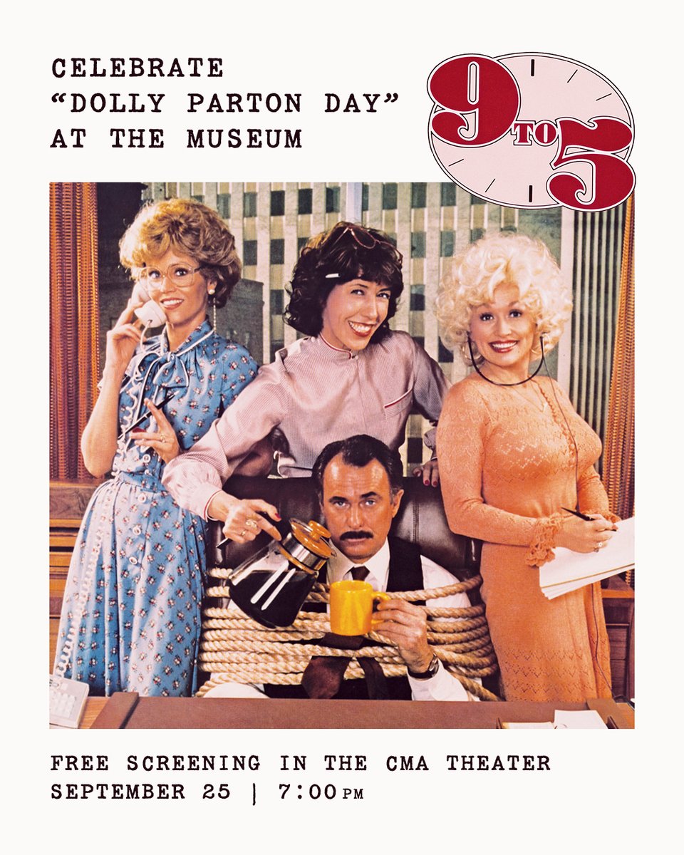 countrymusichof's tweet photo. This Friday, September 25, join us in the Museum's CMA Theater to celebrate Dolly Parton Day! Enjoy a free screening of "9 to 5" and several other Dolly-inspired activities, including a butterfly-coloring station, a "9 to 5"-themed photo opportunity, and footage from the Museum’s Frist Library and Archive. 

Parton wore this cowgirl outfit, made by the Western Costume Co., in “9 to 5,” and it’s currently on display in the Museum’s "Dolly Parton: Journey of a Seeker" exhibit, open through October 4. If you'd like to visit the exhibit prior to the film screening, gallery hours are extended until 7:00 PM, and tickets are available for purchase online.

Additionally, the Museum is one of twenty-one Middle Tennessee nonprofits taking part in Give Like Dolly – Middle Tennessee, a three-day giving campaign presented by the Community Foundation of Middle Tennessee and the Music Community Foundation in celebration of Parton's lifelong generosity. From September 25 through 27, gifts made through the campaign to “Help Someone Find Their Song” support the Museum’s work, as well as four other local nonprofits that encourage youth creativity. Learn more at https://t.co/IwxRiVdDAq.