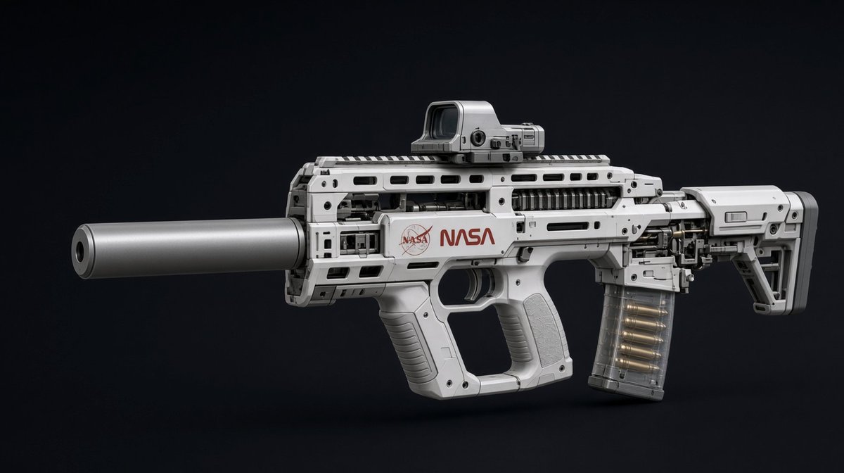 TylerLitrel's tweet photo. @SciFiArchives 11inch barrel bullpup. open with an aluminum radiator. oversized grip for gloves. total length 24" with suppressor https://t.co/Vtg1U5as7o
