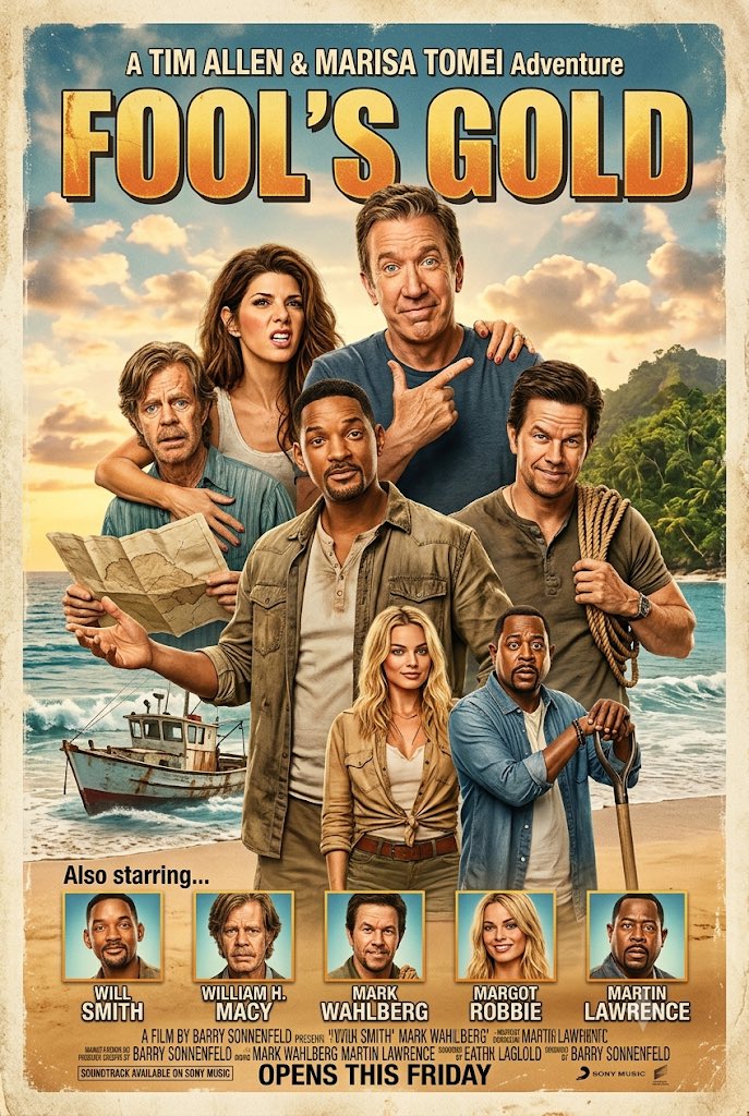 matt_91X's tweet photo. #Ai #AiArt #Concept #Poster #FoolsGold #TimAllen #MarisaTomei #MarkWahlberg #MargotRobbie #MartinLawrence #WilliamHMacy #Adventure #Fool #Gold #Island #Ocean #TreasureMap #Treasure https://t.co/pYnMV3ZXSK