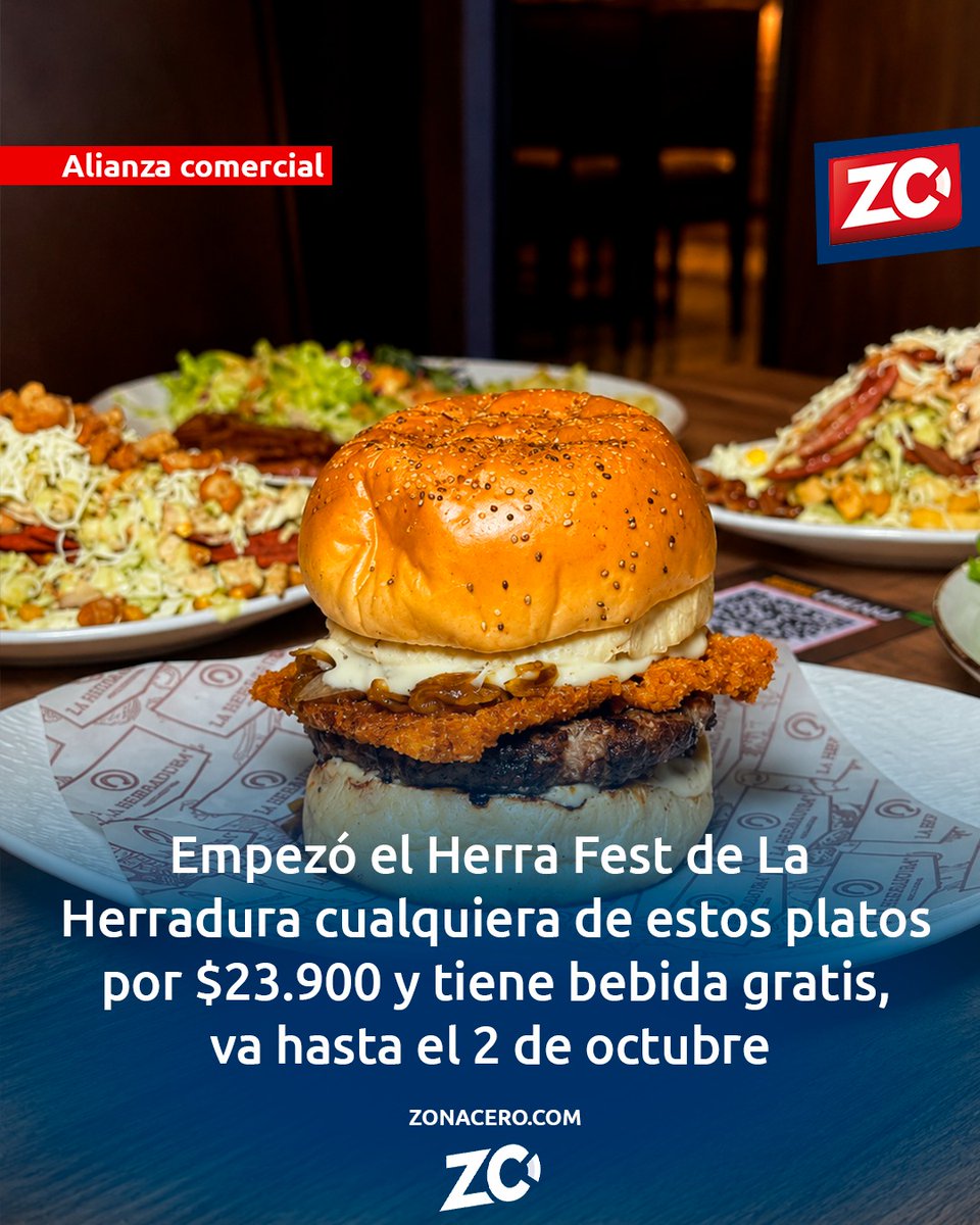 zonacero's tweet photo. Del 24 de septiembre hasta el 2 de octubre la cadena de restaurantes la Herradura en sus 12 sedes a nivel nacional tendrán la segunda versión del Herra Fest, en el cual tendrán cualquiera de estas 5 opciones por $23.900 cada una y viene con gaseosa completamente gratis.

Las opciones son:

- Patacon brutal 
- ⁠Salchipapa parrillera
- ⁠Hanburguesa Imperial
- ⁠Lomo de cerdo en salsa de frutos rojos 
- ⁠Pechuga cremosa con tocineta 

Será válido en sus sedes ubicadas en Barranquilla, soledad, Galapa, Turbaco y Cartagena.