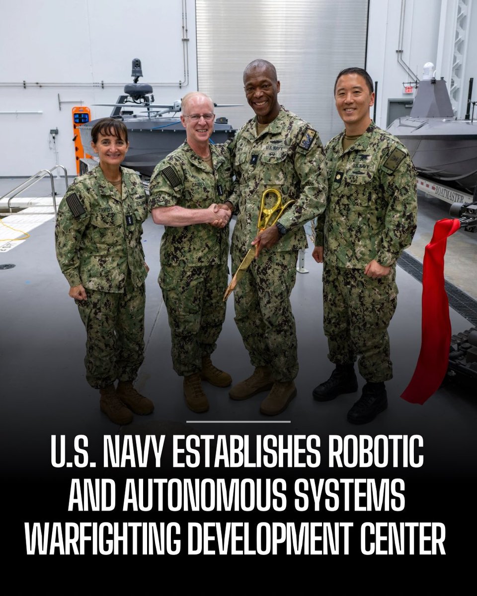 USNavyCNO's tweet photo. The Secretary of the Navy and the Chief of Naval Operations (CNO) officially established the Robotic and Autonomous Systems Warfighting Development Center (RASWDC) today, marking a critical milestone in accelerating the development, operational integration, and employment of robotic and autonomous systems (RAS) across the maritime domain.

MORE: https://t.co/zfaHLqoupk