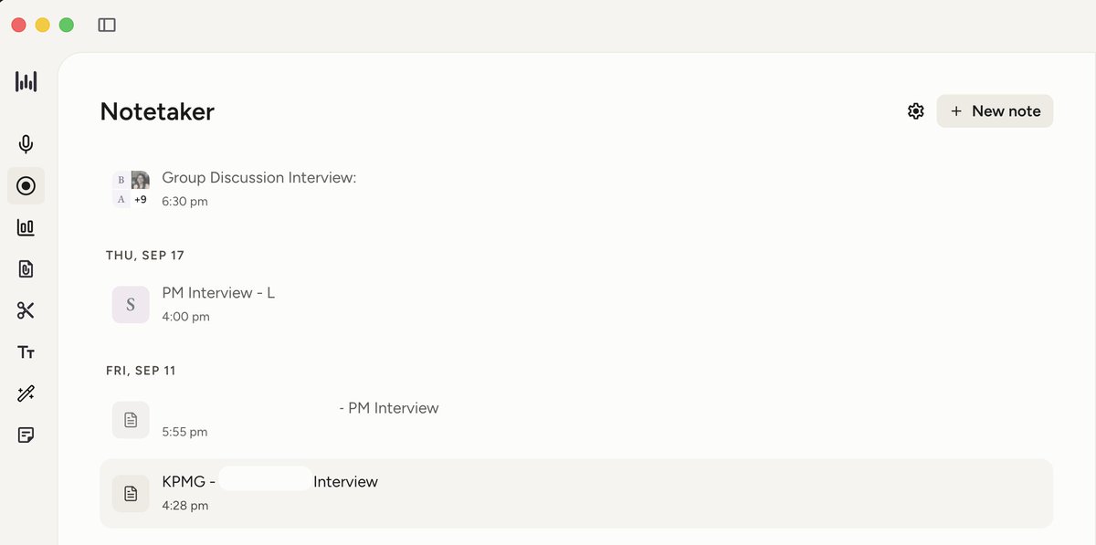 pankaj_ipynb's tweet photo. One underrated way to get better at interviews: Review your actual interviews..

@WisprFlow’s Notetaker lets me capture calls without a bot joining, then gives me transcripts + summaries to see exactly what I said and where I can improve; getting feedback has never been easier 🥳 https://t.co/YbNwn38nnu