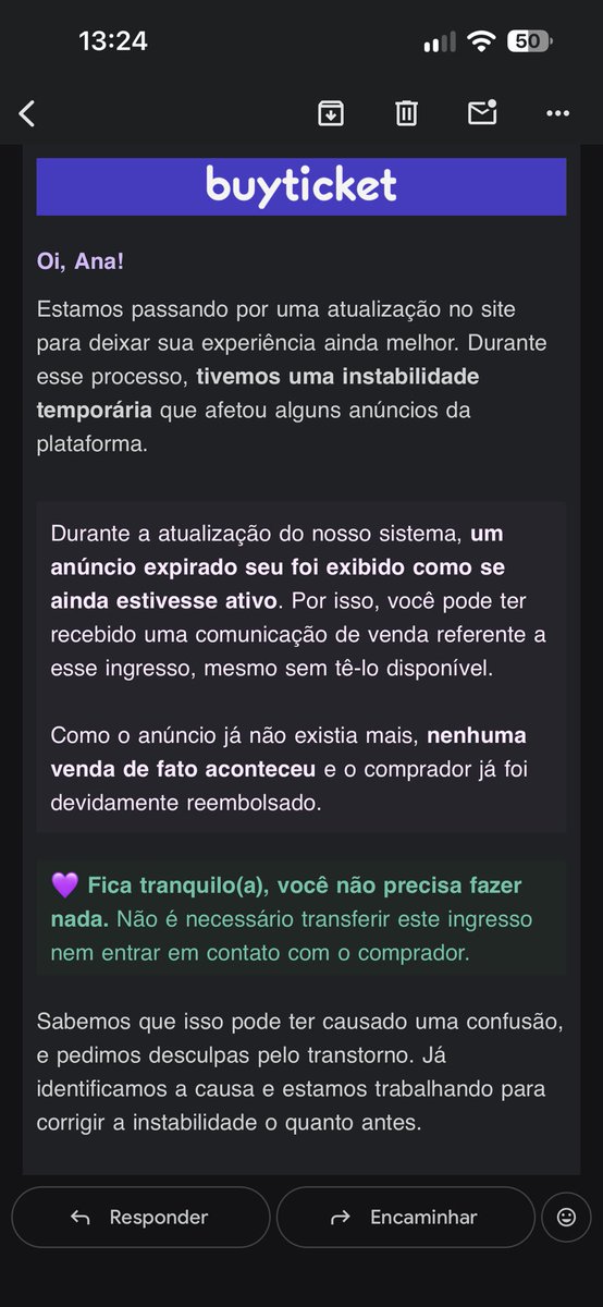 anapfortezza's tweet photo. @vikookj @buyticketbrasil amg foi problema na buy ticket mesmo, eu vendi um ingresso lá uns meses atrás e anunciaram de novo como se estivesse disponível??? mesmo eu já tendo vendido, mandaram esse email https://t.co/CTho3u2Pze
