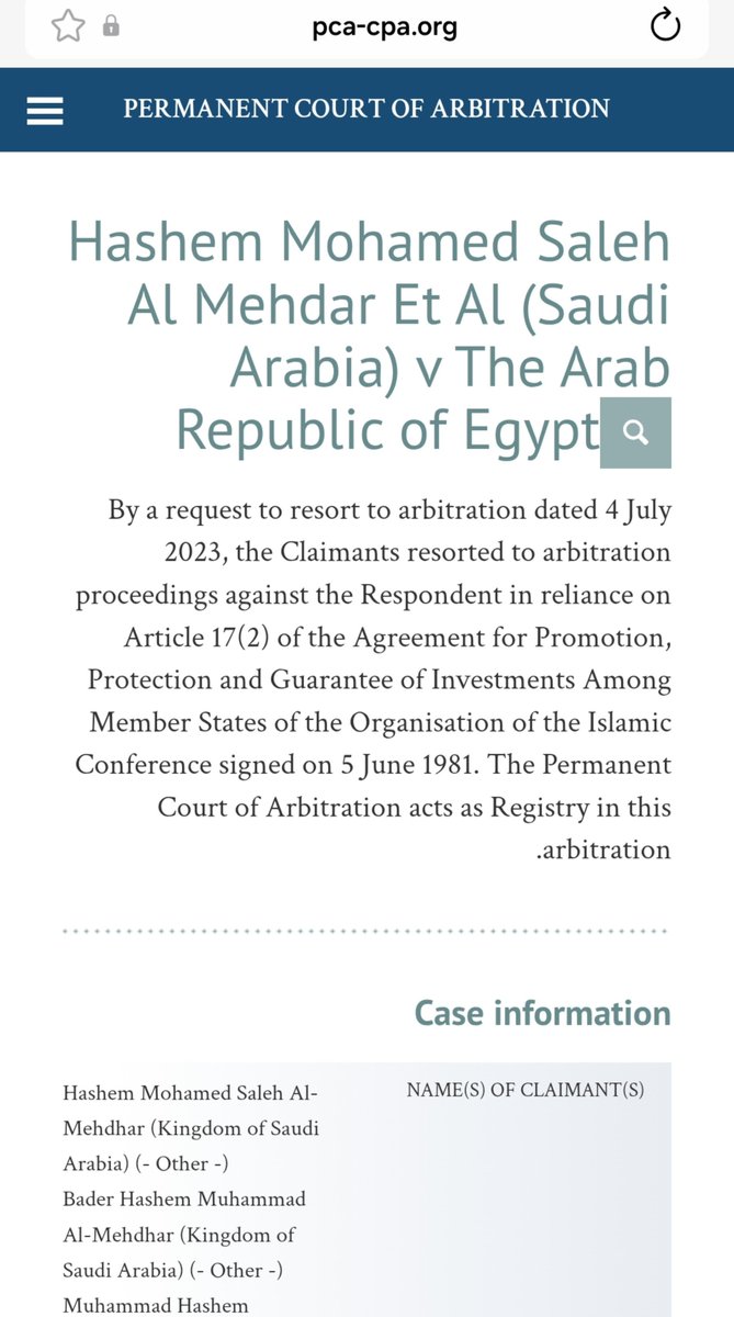 DrHuzam's tweet photo. المحكمة الدائمة للتحكيم تحكم  بعدم الاختصاص في قضية مستثمرين #سعوديين في #مصر 

انتهت قضية المستثمر #السعودي هاشم محمد صالح المحضار وعائلته ضد جمهورية مصر العربية،  أمام المحكمة الدائمة للتحكيم في لاهاي، بعد إجراءات لأكثر من 3 أعوام.
وأصدرت هيئة التحكيم حكمها بعدم الاختصاص بنظر الدعوى، ورفض جميع ادعاءات المحتكمين، وإلزامهم بسداد كامل مصروفات إجراءات التحكيم وتكاليف التمثيل القانوني للدولة المصرية.

التفاصيل من ملفات المحكمة على الرابط 👇

https://t.co/jGuUy5zpXf

تفاصيل القضية:

🔶️أطراف النزاع: 
المستثمر السعودي هاشم محمد صالح المحضار وعائلته ضد جمهورية مصر العربية.

🔶️موضوع النزاع:
 ادعاءات بتعرض استثمارات المستثمرين في مشروعات إنشائية داخل مصر لأضرار بسبب إجراءات حكومية، استناداً إلى اتفاقية حماية الاستثمارات لمنظمة التعاون الإسلامي لعام 1986.

🔶️مطالبات مالية: 
تجاوزت قيمتها الإجمالية 34 مليار دولار أمريكي. 

🔶️منطوق الحكم:

📍قضت هيئة التحكيم بعدم اختصاصها بنظر الدعوى.

📍إزام المستثمرين السعوديين  بسداد كامل مصروفات الدعوى وتكاليف التمثيل القانوني للدولة المصرية.