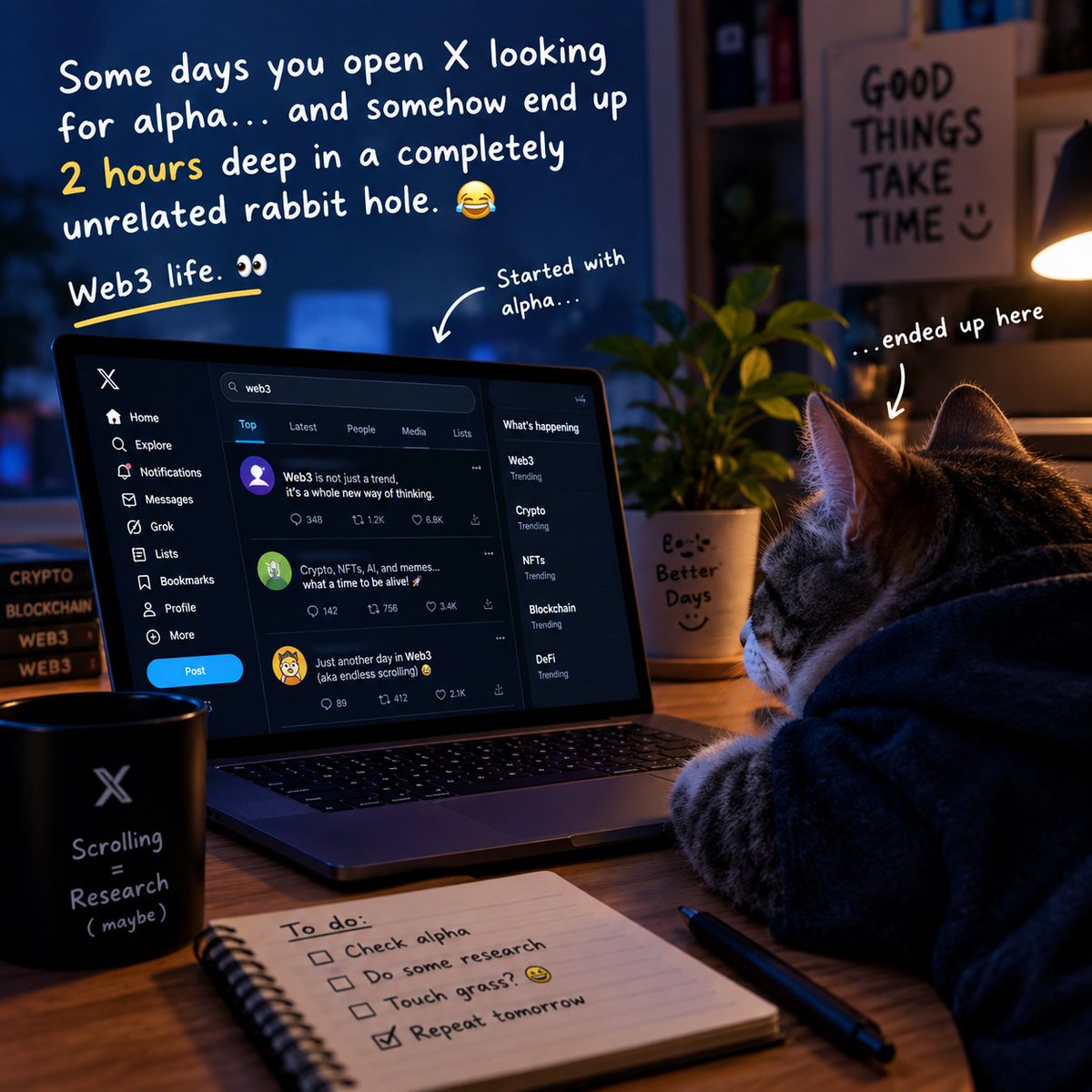 Sachchi4993's tweet photo. Some days you open X looking for alpha…
and somehow end up 2 hours deep in a completely unrelated rabbit hole. 😂
Web3 life. 👀 https://t.co/O9wMBiwspl