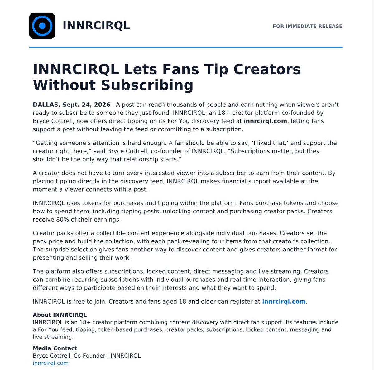 innrcirql's tweet photo. I’m Bryce, co-founder of INNRCIRQL. We’re bringing creator discovery and direct fan support into the same feed.

@ASB_Bruce, I’d welcome a conversation about what we’re building.

Our press release 👇
https://t.co/UEFYqCOfuE
#CreatorEconomy https://t.co/ivYnJjIrP4