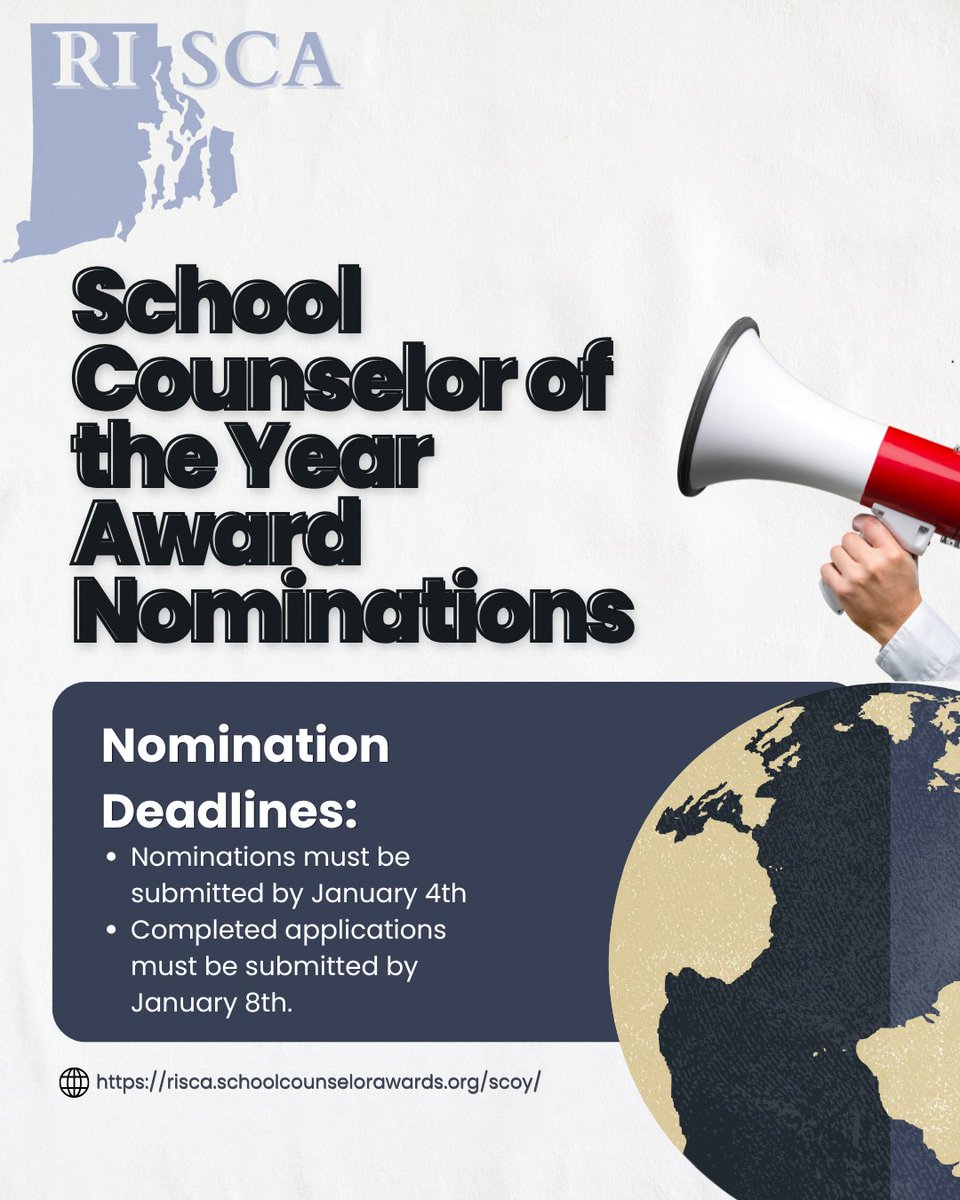 RISCATweets's tweet photo. 🌟 Know a counselor making a difference? Nominate them for Rhode Island’s School Counselor of the Year! 🏆

Nominations due Jan. 4, 2027, and applications due Jan. 8, 2027

Nominate now: https://t.co/84lh8zaKrm
Questions: hainesse@comcast.net https://t.co/B0YZdWr2EJ