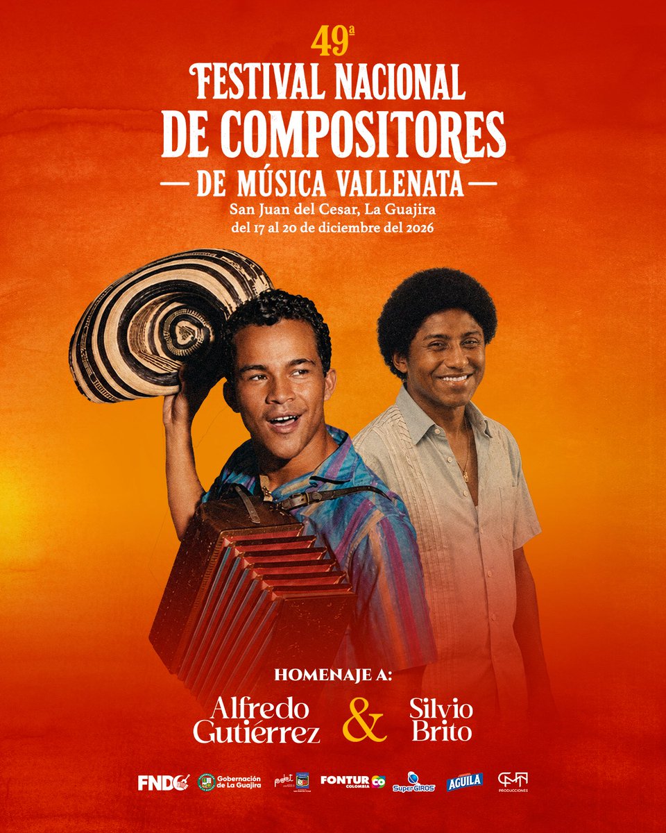 FestiCompositor's tweet photo. San Juan se prepara para vivir el 49 #FestiCompositores que este año rendirá homenaje a Alfredo Gutiérrez y Silvio Brito.
Del 17 al 20 de diciembre el vallenato, sus compositores y sus historias volverán a encontrarse en una de las celebraciones más importantes de nuestra música. https://t.co/HWtSUEUFUb