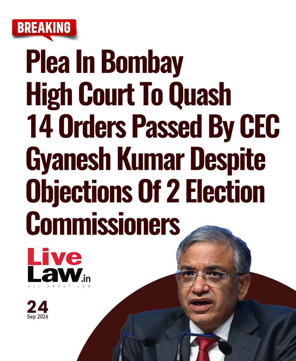 LiveLawIndia's tweet photo. A writ petition filed before the Bombay High Court challenges 14 actions allegedly taken by Chief Election Commissioner Gyanesh Kumar despite recorded objections by the other two Election Commissioners, Dr Sukhbir Singh Sandhu and Dr Vivek Joshi, raising questions over the collective functioning of the Election Commission of India.
Read more: https://t.co/znkx2ahP75
#BombayHighCourt #ElectionCommissioner #GyaneshKumar #ECI