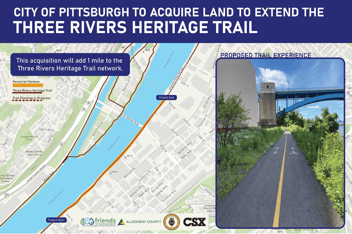 Pittsburgh's tweet photo. Breaking news for Pittsburgh's riverfronts!

The Mayor has just announced a major partnership with @CSX &amp; @FriendsRvrFront to expand trails &amp; riverfront access. ⬇️ https://t.co/jWfCGDo6Tw