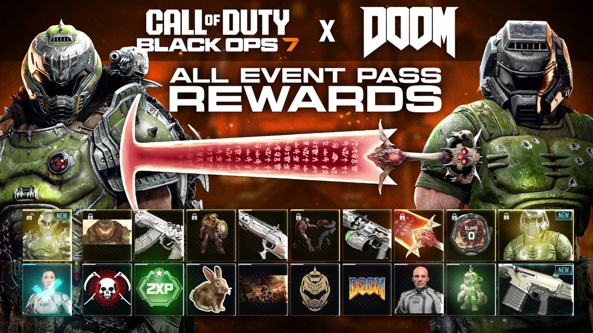 Promotional banner for the "Call of Duty: Black Ops 7 x DOOM" crossover, featuring a "DOOM Slayer" character on the left, another armored figure on the right, and a large red sword emblazoned with runes in the center, alongside rows of unlockable in-game rewards like operator skins, weapons, charms, and a 2XP token, with bold text reading "ALL EVENT PASS REWARDS."