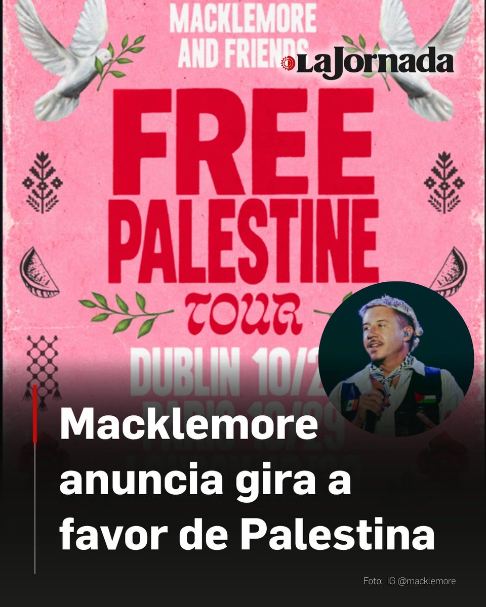 lajornadaonline's tweet photo. Macklemore anunció este jueves la gira Macklemore and friends: Free Palestine Tour, una serie de conciertos —con fechas confirmadas en Dublín, París y Londres— donde todo el dinero recaudado se destinará a organizaciones que apoyan a Palestina.

“Estamos en 2026. Ser apolítico durante un genocidio ya no funciona. Se les pide a los artistas que se involucren, se informen y participen en la comunidad. Que usen el escenario para algo más que entretenimiento. Que se opongan cuando el clamor por una Palestina libre se tope con intentos de silenciarlo”, dijo en sus redes sociales.

Más información en: https://t.co/ki9vtzYtZL
