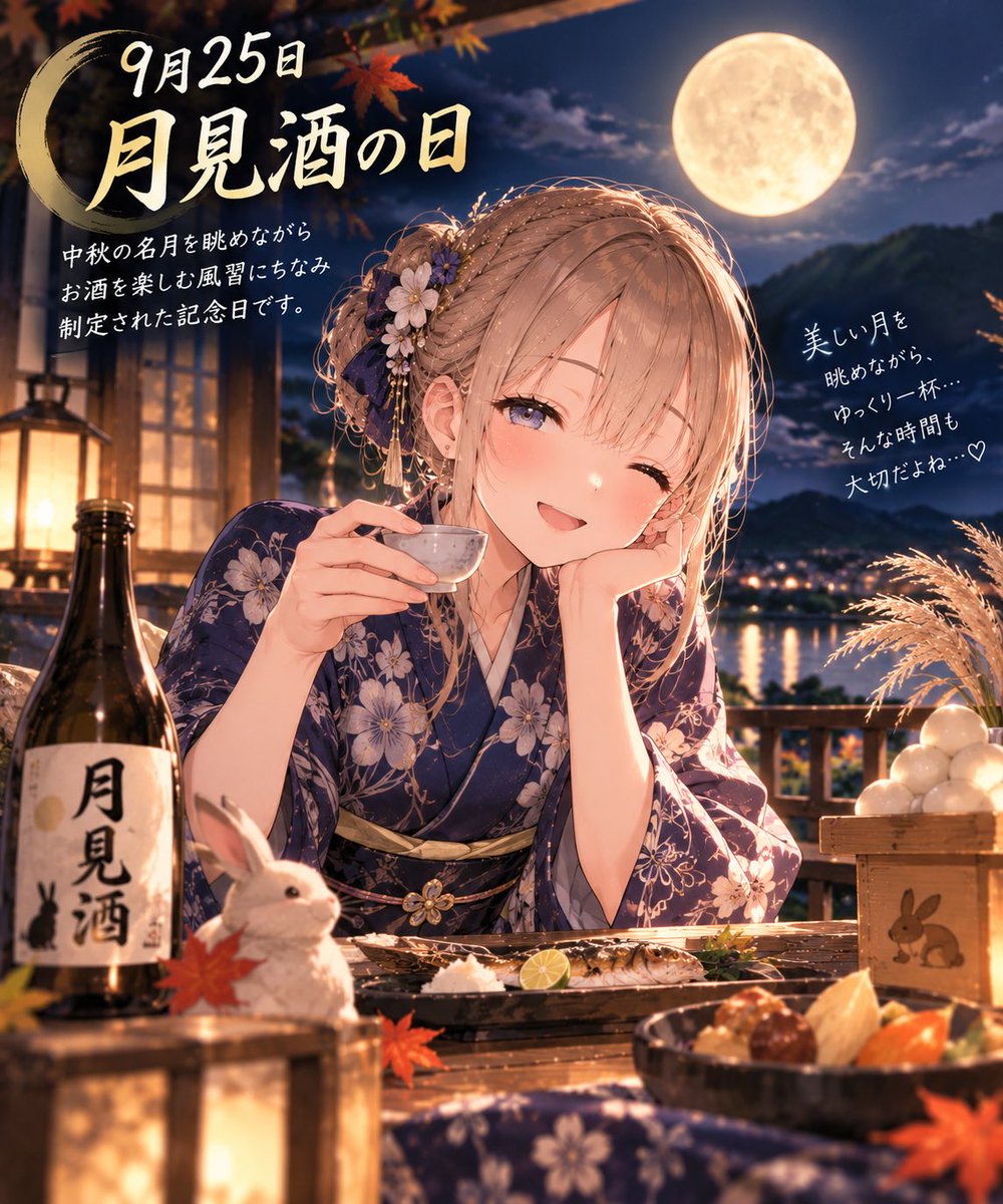 chapitan0125's tweet photo. 🌕🍶 9月25日は「月見酒の日」！

美しい月を眺めながら、ゆっくりお酒を楽しむ「月見酒」🍶✨
秋の夜空と名月を肴に、いつもより少し風情のある一杯を楽しんでみるのも素敵ですね☺️🌾

#今日は何の日
#月見酒の日 https://t.co/2cGLATfdNg