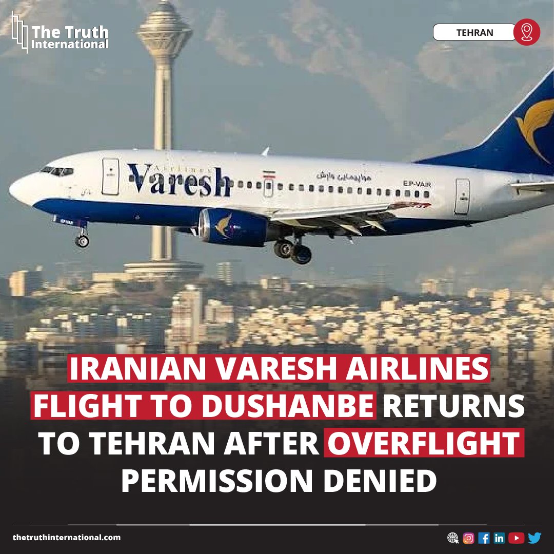 ttimagazine's tweet photo. Iranian Varesh Airlines Flight to Dushanbe Returns to Tehran After Overflight Permission Denied (watch video)
FOR FURTHER DETAILS: https://t.co/eOOj8O7v1m
#IranianVaresh #Airlines #Flight #Dushanbe #Tehran #Overflight #Permission #TTI https://t.co/CbgfEQd4Wc