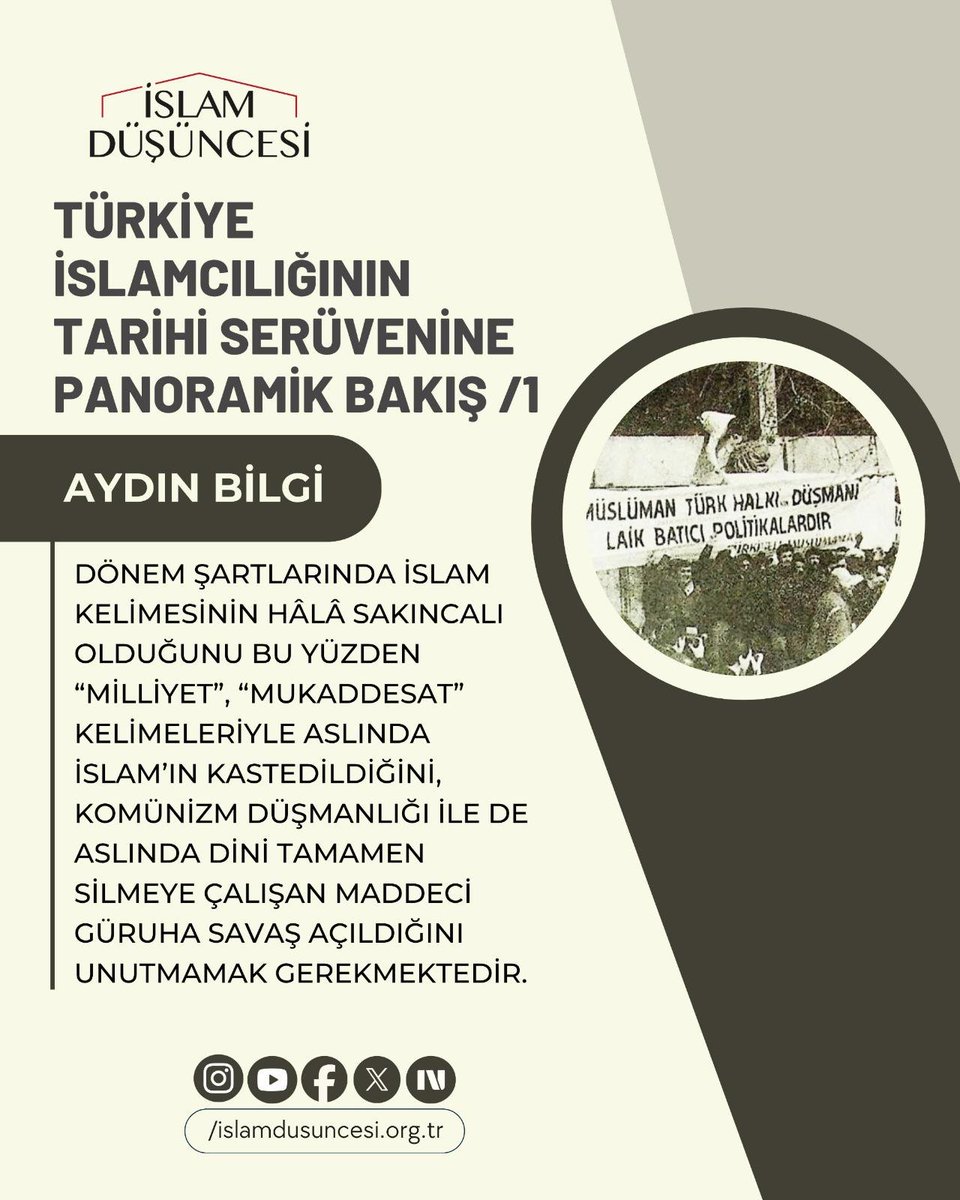 islamdusuncesi_'s tweet photo. ✏️Aydın Bilgi yazdı:

Türkiye İslamcılığının Tarihi Serüvenine Panoramik Bakış/1

https://t.co/xaiFxx8DJE 

❝Dönem şartlarında İslam kelimesinin hâlâ sakıncalı olduğunu bu yüzden “Milliyet”, “Mukaddesat” kelimeleriyle aslında İslam’ın kastedildiğini, Komünizm düşmanlığı ile de aslında dini tamamen silmeye çalışan maddeci güruha savaş açıldığını unutmamak gerekmektedir.❞