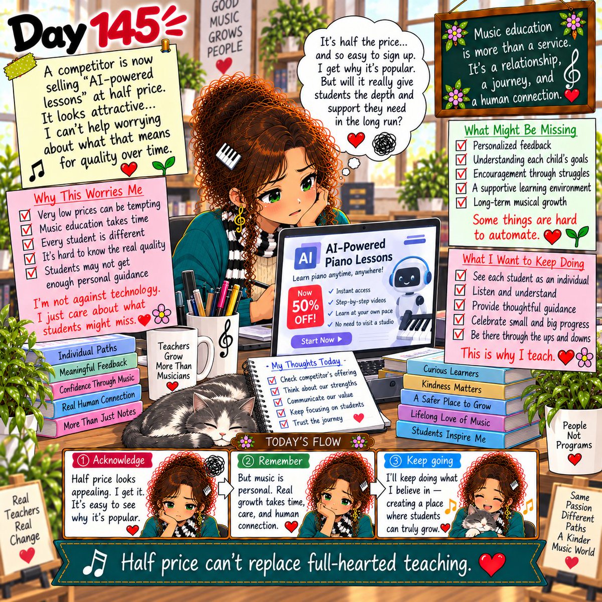 ViennaCafe_Pene's tweet photo. Day 145

Half-price AI lessons? I understand the appeal. But music education is more than convenience—it’s listening, encouragement, trust, and growing together over time. Technology can help. Human connection still matters. 🎹❤️
#MusicTeacher #PianoTeacher #MusicEducation #AI https://t.co/LkBGmE50Xo