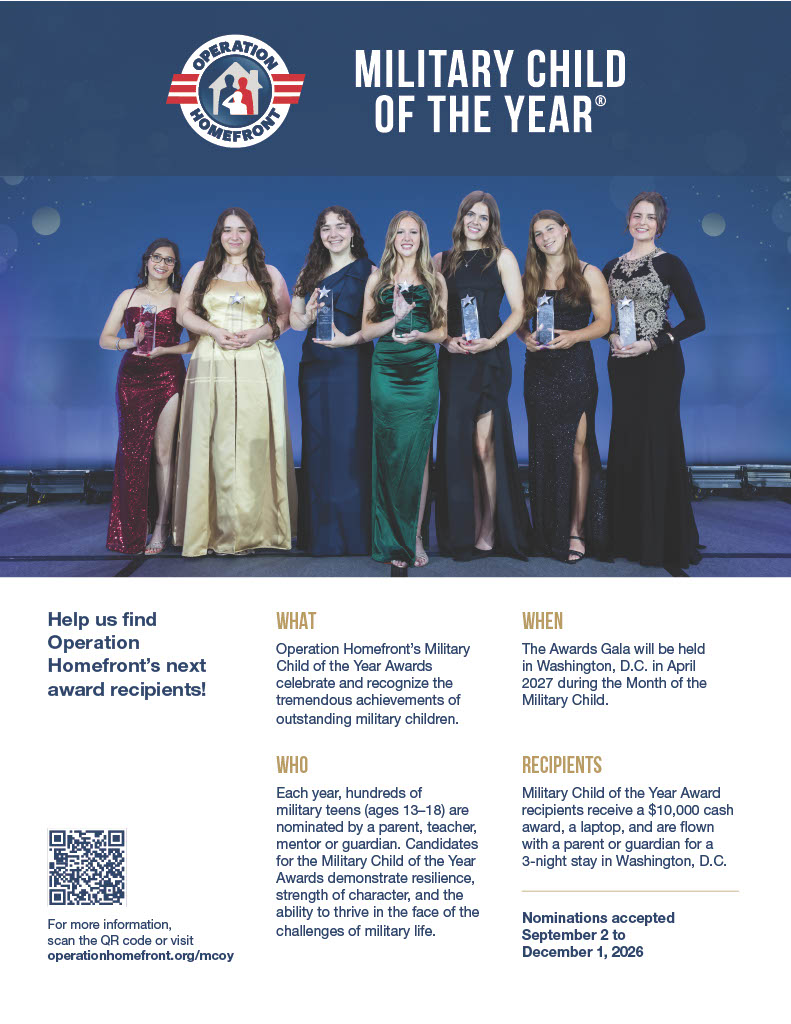 CumberlandCoSch's tweet photo. Nominations are now open for the Operation Homefront Military Child of the Year ®️ Awards! Military children between the ages of 13 and 18 are eligible. Winners will receive a $10,000 cash award, a laptop, and are flown with a parent or guardian for a 3-night stay in Washington, D.C. Nominations are accepted through Dec. 2, 2026. Learn more and nominate a military child here: https://t.co/032mRPq3P2.