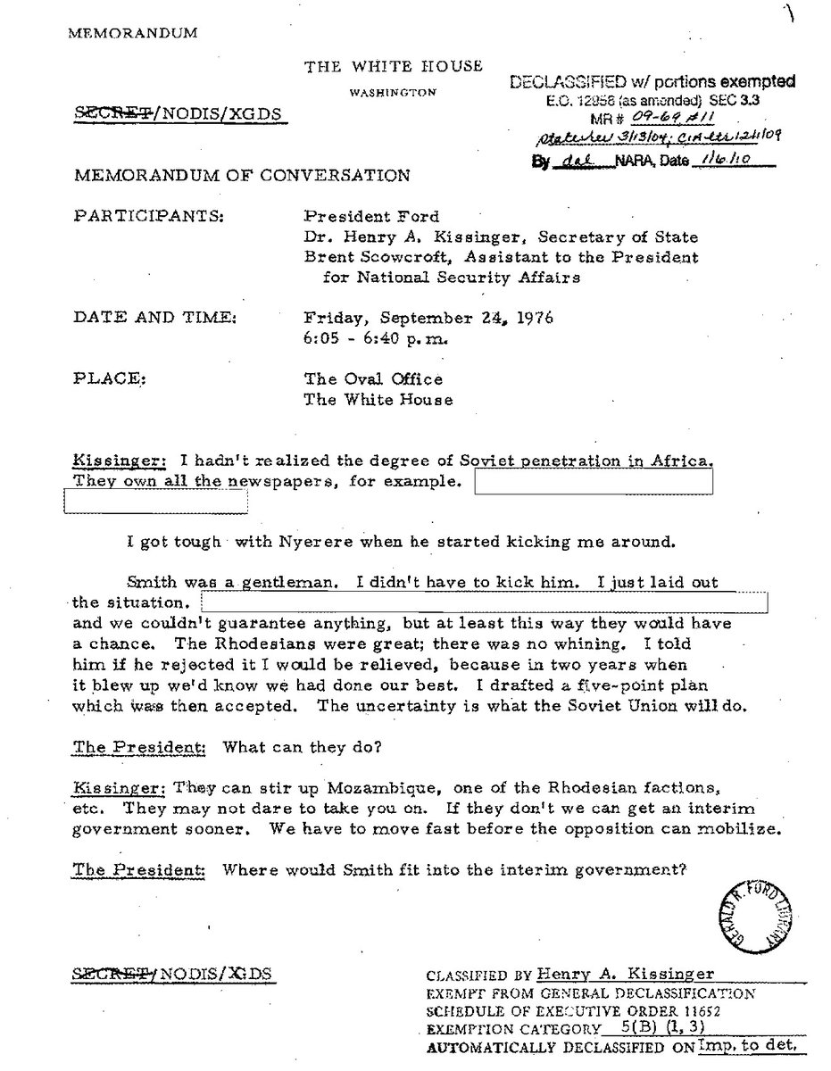 ModernConflict's tweet photo. "Smith was a gentleman, I didn't have to kick him. I just laid out the situation. We couldn't guarantee anything, but at least this way they had a chance"": Memo of conversation between Kissinger and President Ford on his return from African trip, 24 September 1976 (three images) https://t.co/wb88iroQKw