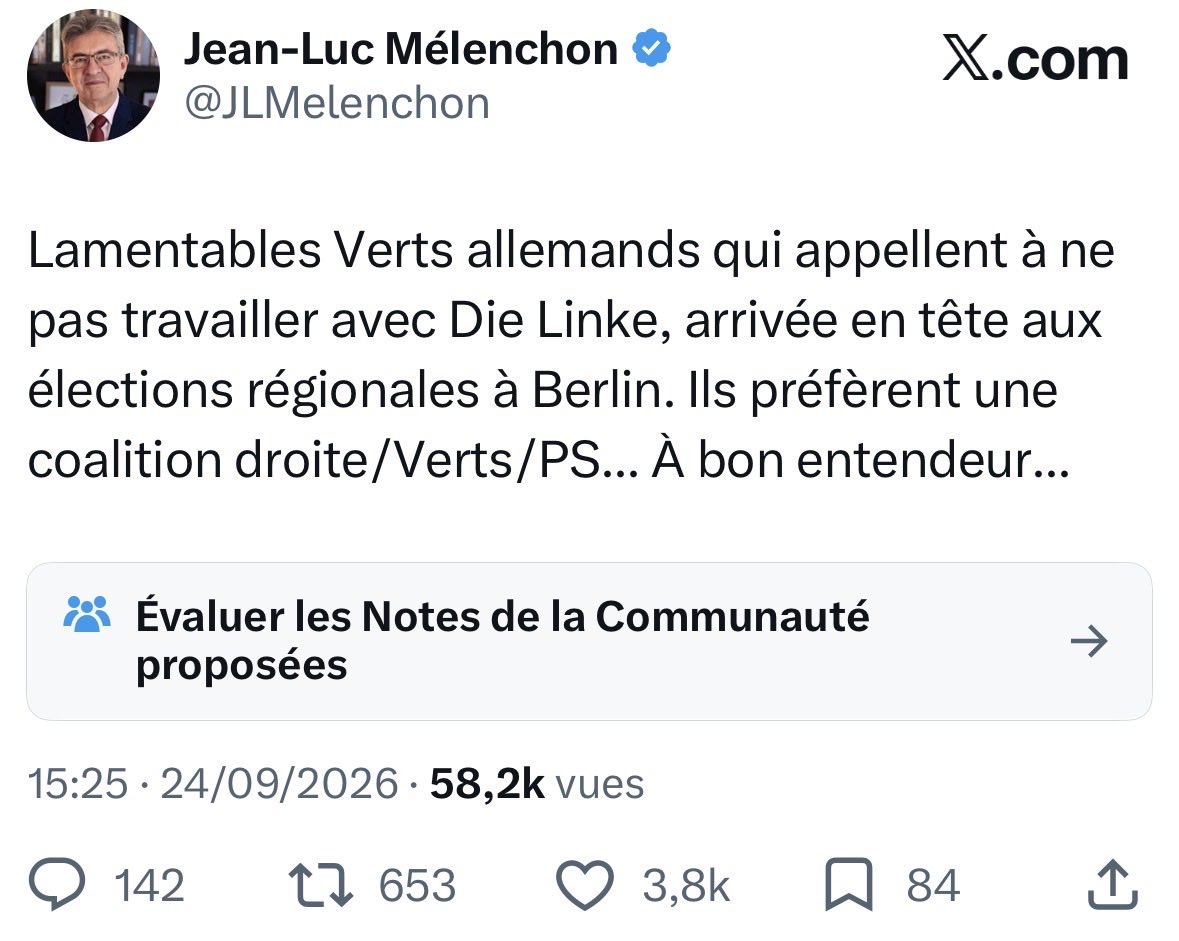 VLautard's tweet photo. Suspicions d’antisémitisme, présence de pro-Hamas et d’un chef de clan criminel : la gauche radicale, Die Linke à Berlin, est dans la tourmente.

Mais ce qui dérange Mélenchon, c’est que les Verts allemands s’éloignent de Die Linke. Le reste, le gourou de LFI, il s’en moque. https://t.co/RIB3PgMpWb