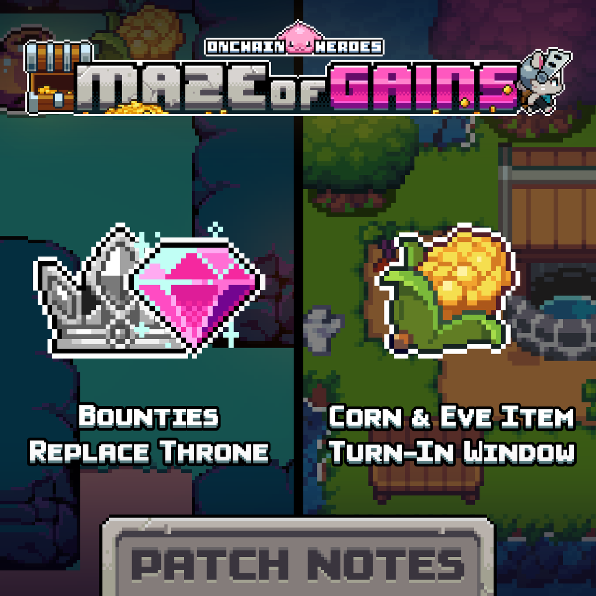 onchainheroes's tweet photo. Weekly Stats + Patch Notes 🛠️

Another big update this week:

👑 The Throne has been retired...
💎 ..and all of its value goes straight into Bounty Gems!
🌽 Your Corn goes bad in the last 24h of Deed Season
👼 Last Stand buffed
🔧 Fixes &amp; improvements

Full patch notes below ⬇️ https://t.co/AmHUno9JJp