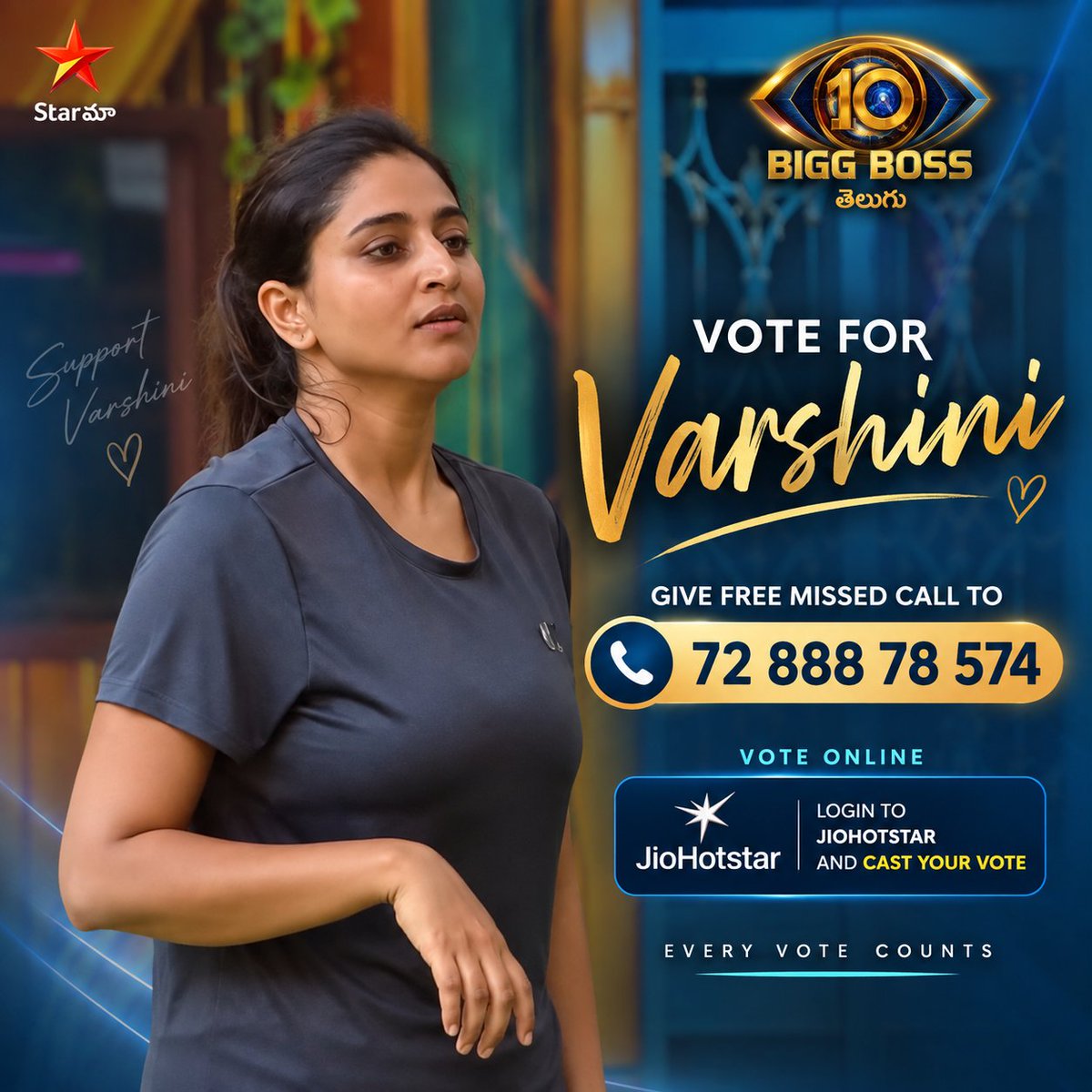VarshiniSoffl's tweet photo. 🔥 VOTE FOR VARSHINI! 🔥

Our girl needs your support! ❤️‍🔥
Let’s stand together and make every single vote count for Varshini! 👑✨
📞 Give a FREE Missed Call:
 72 888 78 574

📲 Vote Online: Login to JioHotstar and cast your vote for VARSHINI.
Keep voting. Keep supporting. 💙
 Let’s keep our Queen safe! 👑

#VoteForVarshini #VarshiniSounderajan #TeamVarshini #SherniVarshini #BiggBossTelugu10 #BBTelugu10 #EveryVoteCounts