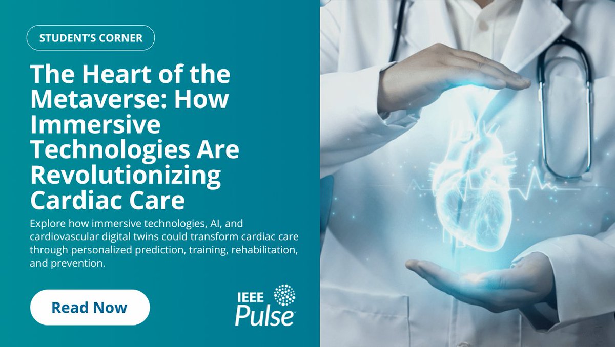 IEEEembs's tweet photo. The latest #IEEE PULSE feature explores how #VirtualReality, #ExtendedReality, and other immersive technologies are opening new possibilities for #cardiology, #DigitalHealth, education, and patient care. 

Author: @JeewikaR.

Read more: https://t.co/bdX5Ttsp4Y

@American_Heart https://t.co/E2vj3kP3M8