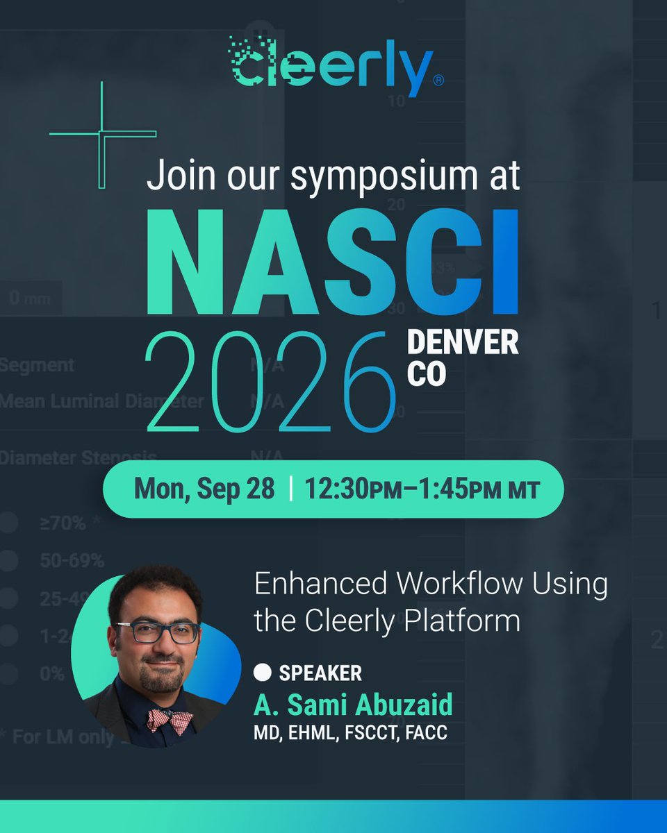 Cleerlyhealth's tweet photo. Headed to #NASCAI2026?

Join Dr. Sami Abuzaid as he reviews the latest clinical evidence and real-world applications of Cleerly's personalized care pathway.

*Dr. Abuzaid is a paid consultant for Cleerly.

#YesCCT #Cardiology #CleerlyPartner https://t.co/IXqeqEGCOT