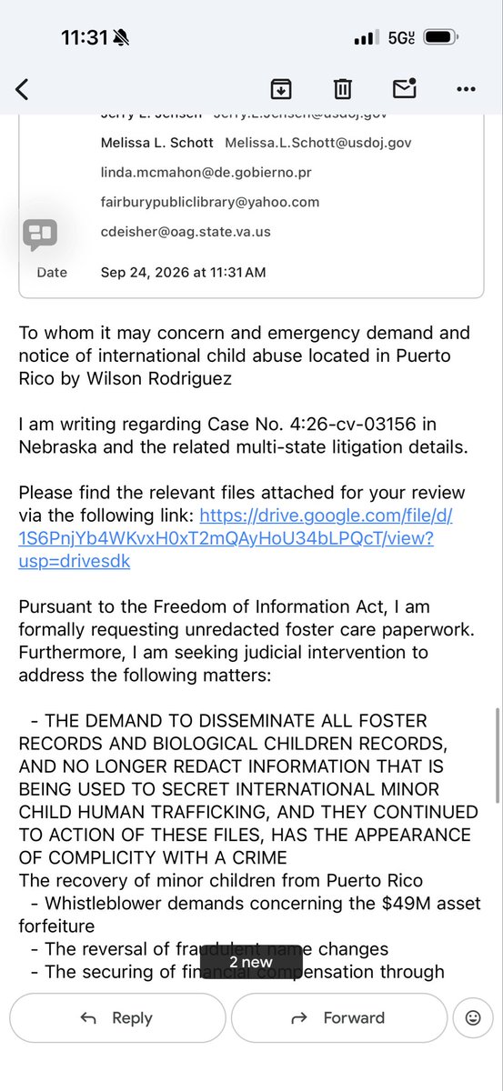 JacobSmithvuuq's tweet photo. whom it may concern and emergency demand and notice of international child abuse located in Puerto Rico by Wilson Rodriguez

I am writing regarding Case No. 4:26-cv-03156 in Nebraska and the related multi-state litigation details.

Please find the relevant files attached for your review via the following link: https://t.co/timejAMGRT

Pursuant to the Freedom of Information Act, I am formally requesting unredacted foster care paperwork. Furthermore, I am seeking judicial intervention to address the following matters:

  - THE DEMAND TO DISSEMINATE ALL FOSTER RECORDS AND BIOLOGICAL CHILDREN RECORDS, AND NO LONGER REDACT INFORMATION THAT IS BEING USED TO SECRET INTERNATIONAL MINOR CHILD HUMAN TRAFFICKING, AND THEY CONTINUED TO ACTION OF THESE FILES, HAS THE APPEARANCE OF COMPLICITY WITH A CRIME
The recovery of minor children from Puerto Rico
  - Whistleblower demands concerning the $49M asset forfeiture
  - The reversal of fraudulent name changes
  - The securing of financial compensation through transnational garnishment and federal compliance audits

Thank you for your attention to this matter. I look forward to your prompt response.

Sincerely,

Tiffany McLean

Please excuse all information as this was used with AI and when under a concussion

The documents detail Tiffany McLeanâ€™s multi-state litigation, specifically Case No. 4:26-cv-03156 in Nebraska. The files include petitions for child extraction from Puerto Rico, whistleblower demands regarding a $49M asset forfeiture, FOSTER PAPER WORK UNREDACTED UNDER FREEDOM INFO ACT. UN REDACT ALL FASTER PAPERWORK McLean seeks judicial intervention to recover minor children, reverse fraudulent name changes, and secure financial compensation through transnational garnishment and federal compliance audits. https://t.co/timejAMGRT