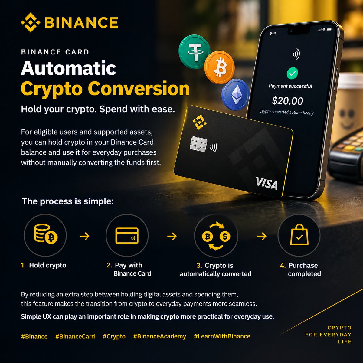 rhalphacrypto's tweet photo. One Binance Card feature I find particularly convenient: automatic crypto conversion. 🔄

For eligible users and supported assets, you can hold crypto in your Binance Card balance and use it for everyday purchases without manually converting the funds first.

The process is simple:

Hold crypto → Pay with Binance Card → Crypto is automatically converted → Purchase completed. 💳

By reducing an extra step between holding digital assets and spending them, this feature makes the transition from crypto to everyday payments more seamless.

Simple UX can play an important role in making crypto more practical for everyday use.

#Binance #BinanceCard #Crypto #BinanceAcademy #LearnWithBinance