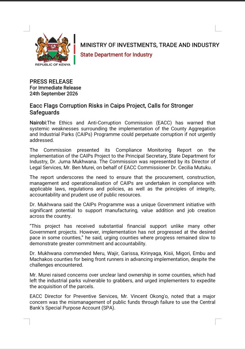 IndustryKE's tweet photo. The Ethics and Anti-Corruption Commission (EACC) has warned that systemic weaknesses surrounding the implementation of the County Aggregation and Industrial Parks (CAIPs) Programme could perpetuate corruption if not urgently addressed.
The Commission presented its Compliance Monitoring Report on the implementation 
of the CAIPs Project to the Principal Secretary, @@IndustryKE @DrJumaMukhwana @Trade_Kenya, @GovLeeKinyanjui