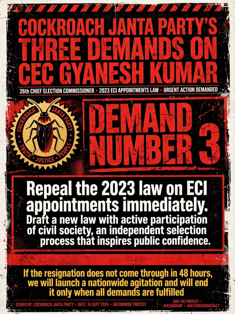 KPrakash2010's tweet photo. @CJP_2029 demands.

#ScrapSIR #BanEVM #ResignGyaeshKumar https://t.co/9DKlPi1UPZ