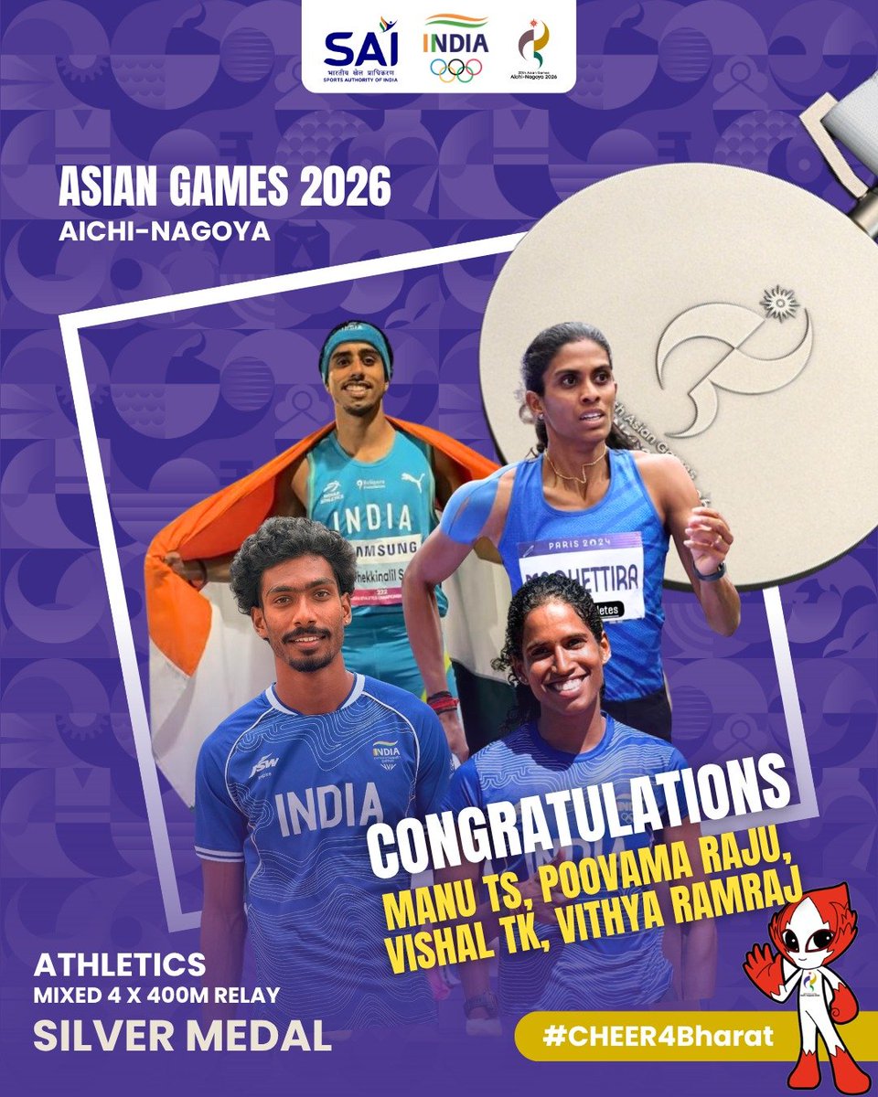 JPNadda's tweet photo. Silver on the track for Team India! 

Manu TS, Poovamma MR, Vishal TK and Vithya Ramraj put up a spirited performance to secure the Silver Medal in the Mixed 4×400m Relay at #AsianGames2026, clocking an impressive 3:14.46!

A strong finish by the Indian quartet on the Asian Games stage. Congratulations to the team and best wishes for the races ahead!