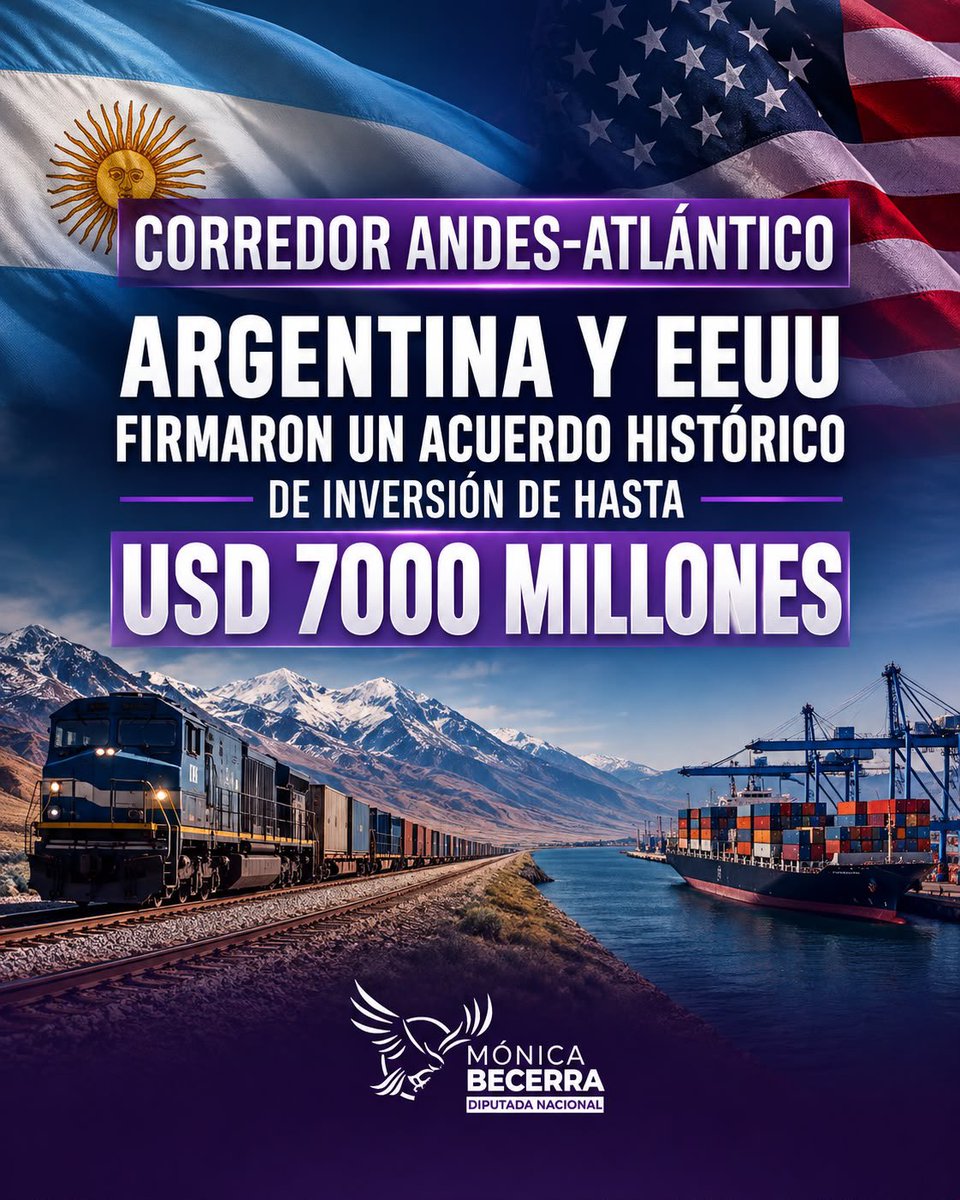 monicabecerraok's tweet photo. ¡HISTÓRICO ACUERDO ESTRATÉGICO CON ESTADOS UNIDOS! 🇦🇷🇺🇸Lanzamos el Corredor Andes-Atlántico, una iniciativa conjunta entre Argentina y EE. UU. para modernizar la infraestructura nacional y conectar nuestra producción con los principales mercados de Occidente. Puntos clave del acuerdo:

✅ Transporte e Infraestructura: Rehabilitación y expansión de ferrocarriles, vías navegables y puertos.

✅ Energía y Vaca Muerta: Desarrollo comercial mediante financiamiento, préstamos directos y garantías de organismos estadounidenses.

✅ Minerales Críticos y Tecnología: Impulso a la minería y fortalecimiento de la ciberseguridad y plataformas digitales. 

Con previsibilidad, seguridad jurídica y libertad de mercado, Argentina se consolida como un socio clave y confiable en el escenario global. ¡El rumbo es innegociable!