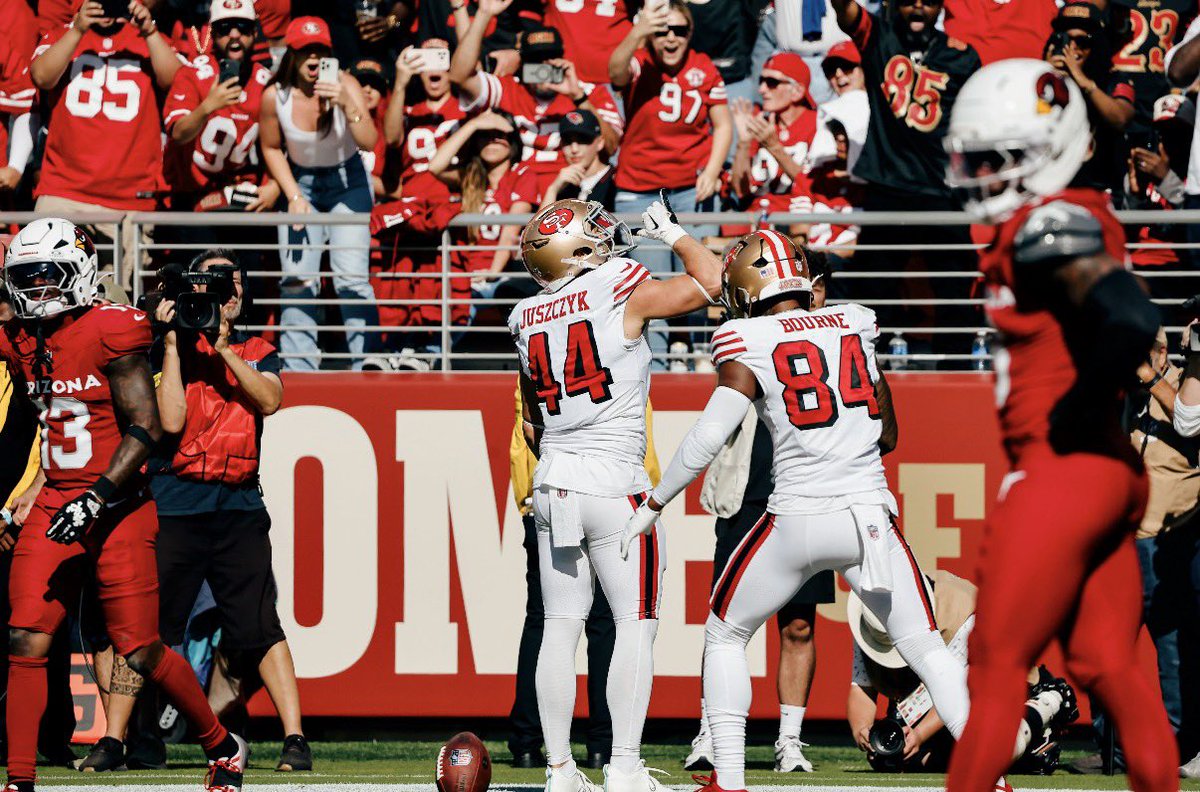 AdamSchefter's tweet photo. 49ers FB Kyle Juszczyk has celebrated touchdowns and first downs his entire NFL career in his own chugging way, an ode to his nickname “Juice”. This is the first time he has been fined. “And I don’t even drink beer!” he texted. https://t.co/muXZTaXUjd