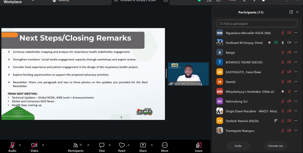 CameroonNCDA's tweet photo. @Cameroon NCD Alliance held its virtual monthly update meeting today, led by SG @ferdinantmbiy under Chair Prof. @Mbanya.
With 14 members sharing updates on #NCDs work & upcoming activities.
Next up: our quarterly newsletter! 📰 coming soon.
#LeadonNCDs
#ActonNCDs https://t.co/XrHeqBVhiz