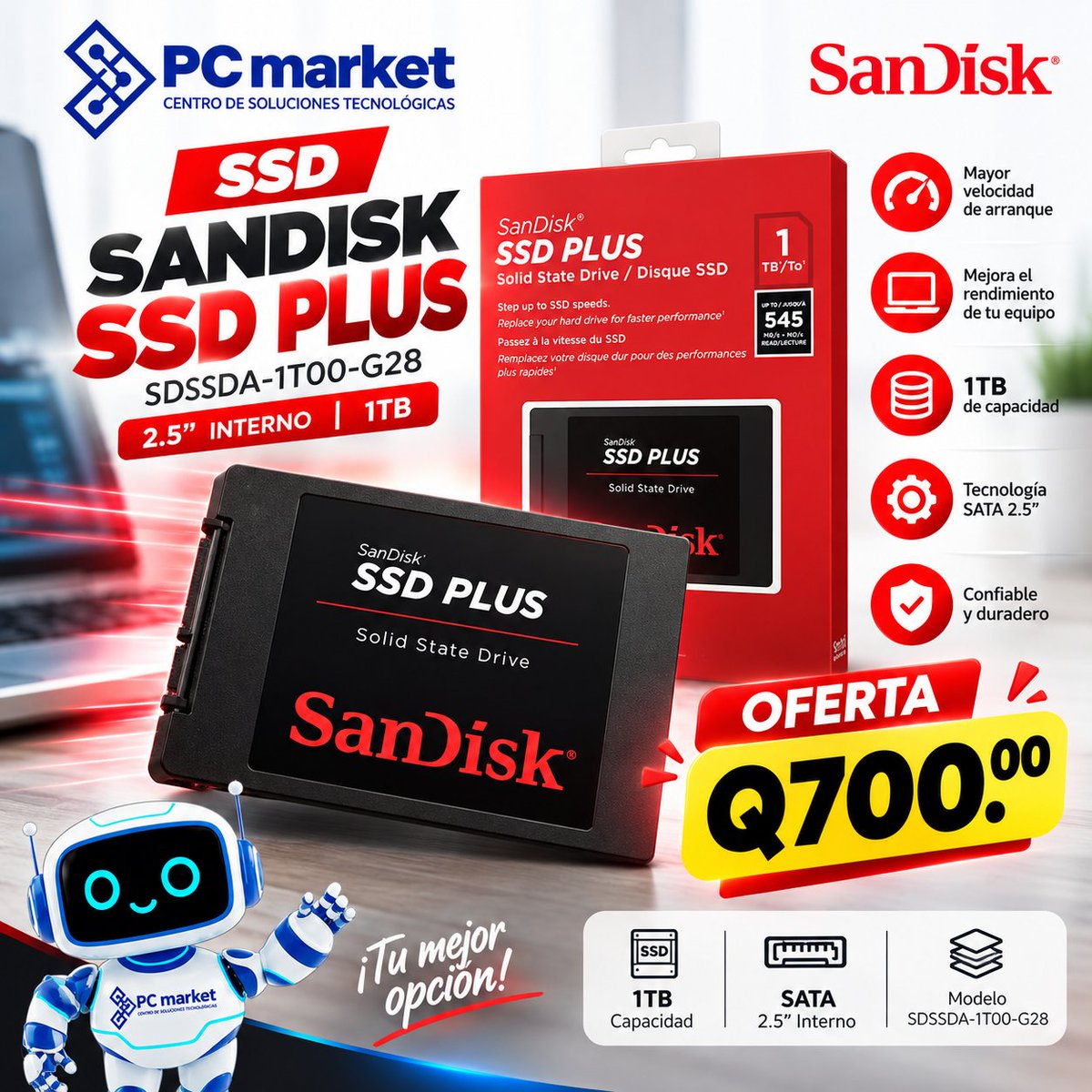 PCMARKETBYE's tweet photo. 🚀 ¡Actualiza tu PC o laptop con SSD!
🔴 SanDisk SSD Plus
💾 1TB
⚙️ SATA · 2.5"
🔖 SDSSDA-1T00-G28
🔥 OFERTA: Q700.00
🌐 https://t.co/sOMHrW0iQY
📲 7931-3030
📍 Esquipulas • Zacapa
#PCMarket #SanDisk #SSD #Tecnología https://t.co/lHtVvylZ9T