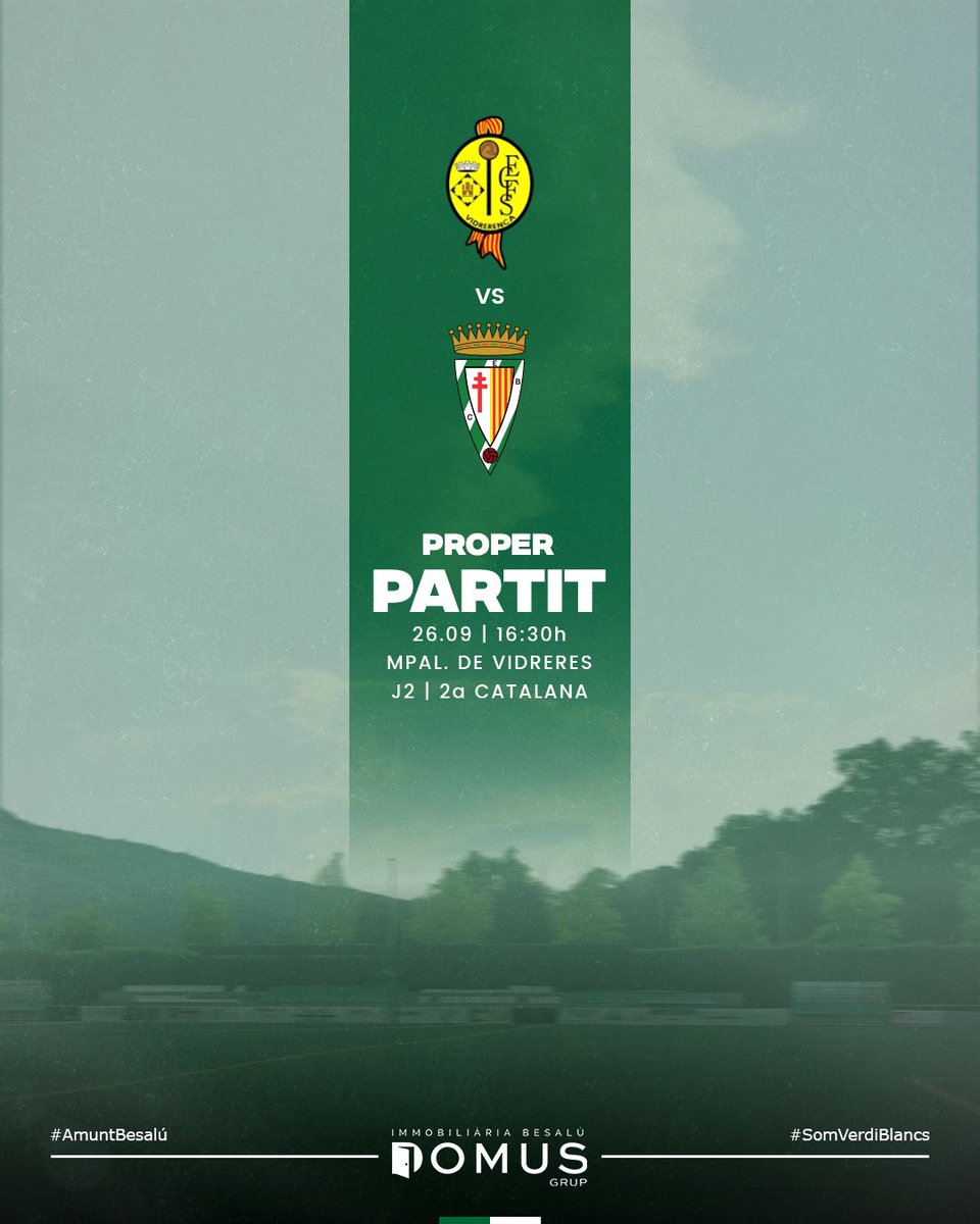 CEBesalu's tweet photo. PROPER PARTIT⚽️

🗣️ Primer desplaçament de la temporada i volem sumar els 3 punts! 

🆚 @CEFSVidrerenca 
🗓️ 26 de Setembre - 16:30h 
🏟️ Mpal. de Vidreres
🏆 J2 - 2a Catalana 

#AmuntBesalú💚 #SomVerdiBlancs https://t.co/dbEo1IQO2T