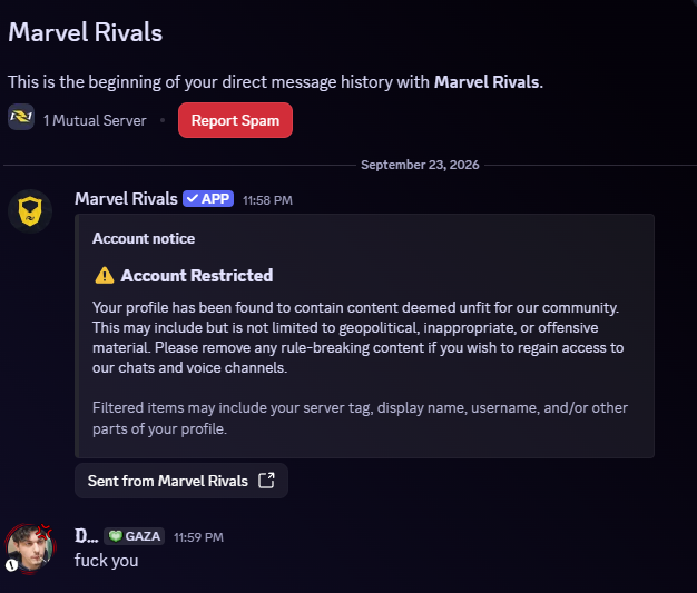 DylanDyylas's tweet photo. went to hard confirm the marvel rivals stuff

gaza tag gets you frame 1 restricted. pathetic. https://t.co/DJnL1Sa9Vs