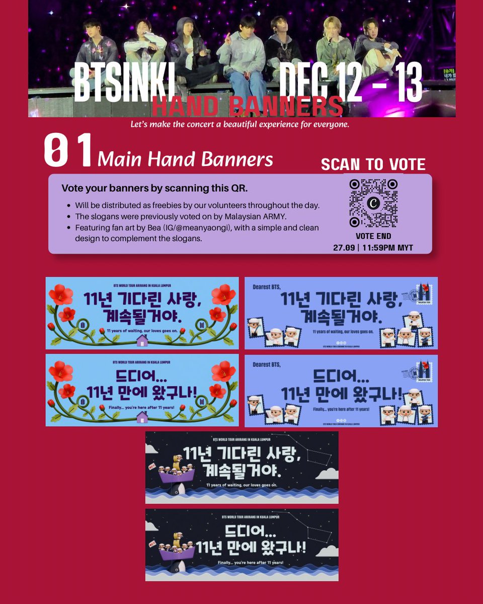 MY_btsarmy's tweet photo. ✨#BTSinKL Main Hand Banners Voting Open!

Malaysia ARMYYYY~ 
It’s time to choose your BTSinKL Main Hand Banner designs for Day 1 & Day 2!

The designs feature BTS inspired fan art by Bea (IG: @meanyaongi), created to complement the slogans chosen by Malaysian ARMY.

How to vote:
• Choose 1 design for Day 1 and 1 design for Day 2
• Your choices must be different
• Voting closes 27 September 2026, 11:59PM MYT

🗳️ Vote here: https://t.co/Zf95IheoNC

Please remember, these are hand banners, not posters. Kindly respect the artist’s creative direction and inspiration behind each design. 
@BTSMY_ARMY @RMten10crew @votingbrigade @bt7armyzonemy @MYARMYcommunity @BTSJIN_MY @JiminMalaysia @BTSV_Malaysia @bcw_ot7 @JK_Malaysia