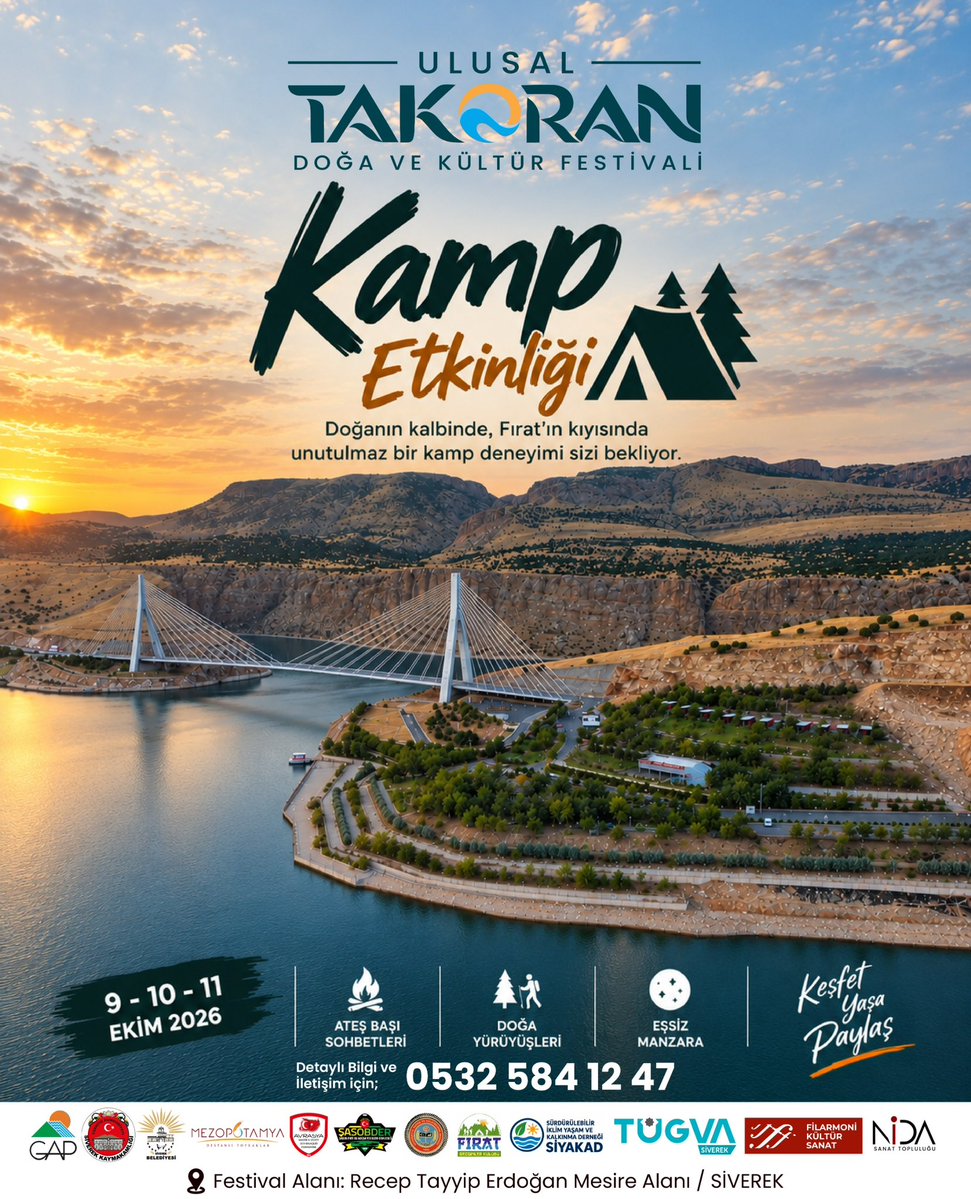 TakoranFest's tweet photo. 🏕️ Doğanın kalbinde, Fırat’ın kıyısında buluşuyoruz!

Çadırını al, kampını kur; yıldızların altında dostlukların, sohbetlerin ve güzel anıların bir parçası ol.

🔥 Kamp ateşi sohbetleri
🥾 Doğa yürüyüşleri
🌌 Eşsiz manzara
9-10-11 Ekim 2026
Takoran Ulusal Doğa ve Kültür Festivali https://t.co/K56hbFTAjH