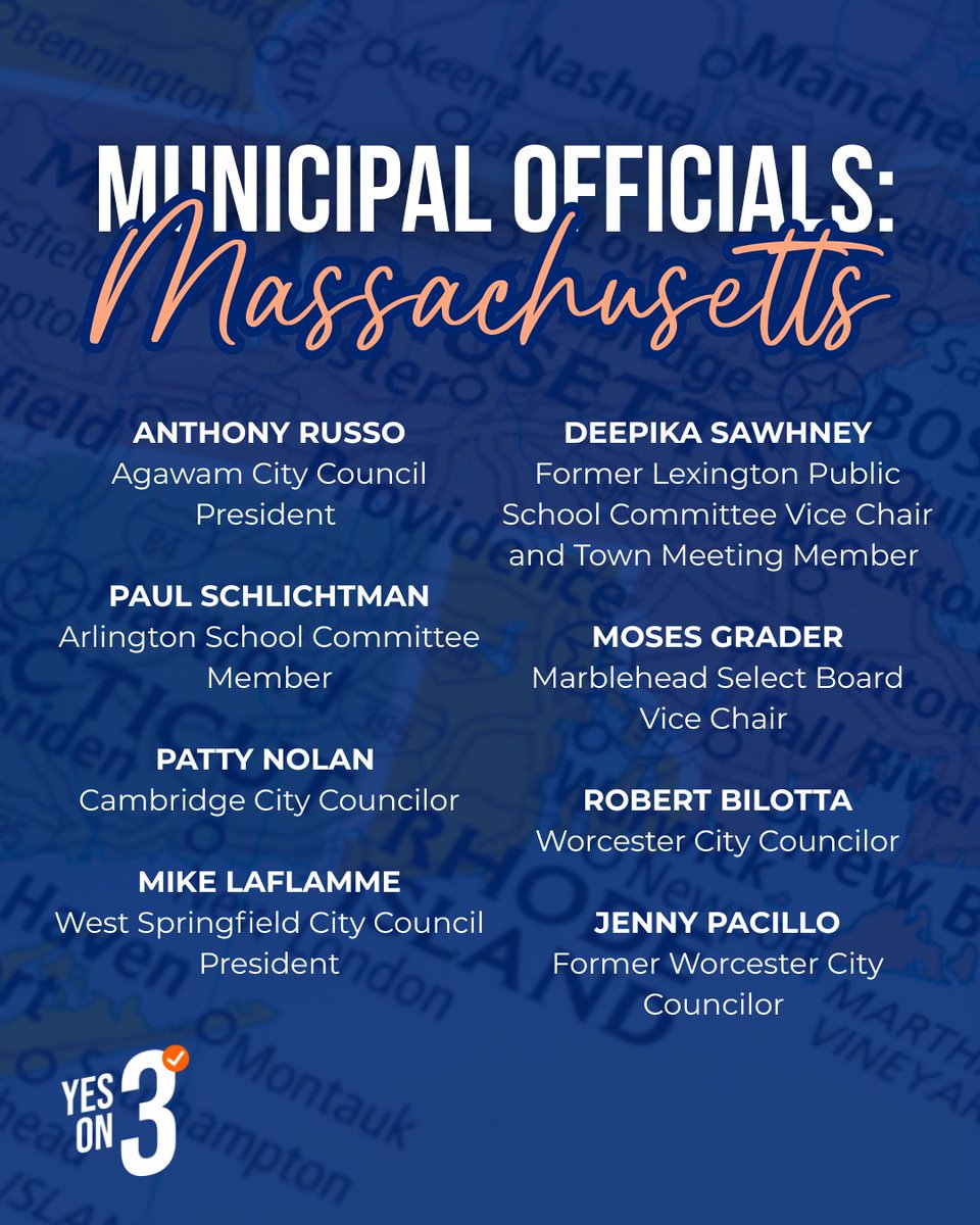 vote_yeson3ma's tweet photo. 📣 Mayors and municipal officials across the Commonwealth endorse MA Question 3!

Local officials know how to speak to their communities and put ideas into action. That’s why we have local leaders across The Commonwealth who believe in Question 3. Take a look at our map to see the municipalities that have support from mayors and/or local officials in Massachusetts!

Here are the municipal officials supporting Question 3:

Agawam City Council President Anthony Russo

Arlington School Committee Member Paul Schlichtman

Cambridge City Councilor Patty Nolan

West Springfield City Council President Mike LaFlamme

Former Lexington Public School Committee Vice Chair and Town Meeting Member Deepika Sawhney

Marblehead Select Board Vice Chair Moses Grader

Worcester City Councilor Robert Bilotta

Former Worcester City Councilor Jenny Pacillo

#mapoli