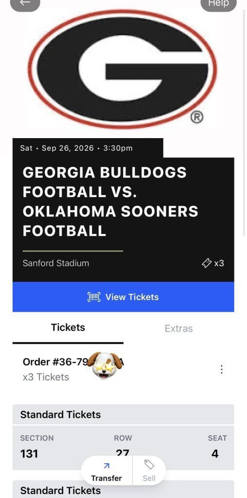 max_m1253's tweet photo. Georgia Bulldogs vs Oklahoma Sooners — TICKETS FOR SALE

🏟️ Sanford Stadium
📅 Sept. 26, 2026 | 3:30 PM
🎫 3 Tickets Available
📍 Section 131 | Row 27

DM if interested. https://t.co/t24eRaIMfU