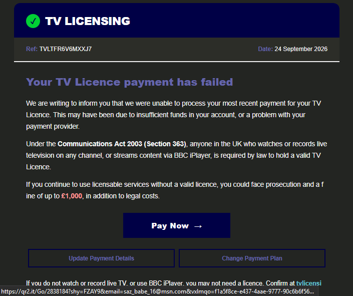 ASNUK_'s tweet photo. UK 🇬🇧 TV LICENCE
#SpreadTheWord the #Scammers have started on the TV Licence @BBC. Excuse the payment has failed to process.

ON THE EMAIL: "We are writing to inform you" originally "We are wriyps︉ksk︄i⁡ti⁡ng to inmbl︉ez︄xt⁡uv︄o⁡fo︄rjoz͏qa⁡ia͏sntm yo︎u" https://t.co/dv5jdc6fBb