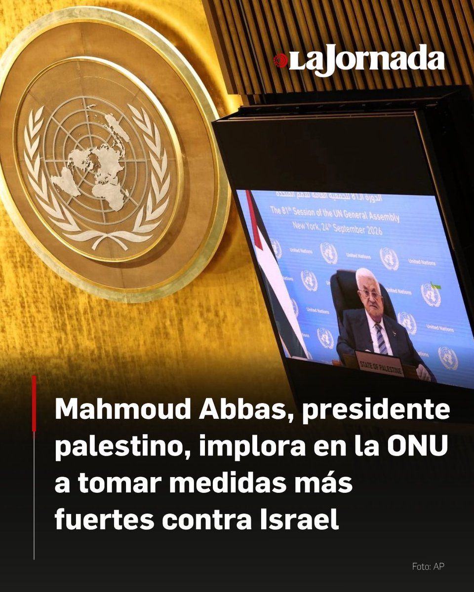 lajornadaonline's tweet photo. El presidente de la Autoridad Nacional Palestina, Mahmoud Abbas, intervino este jueves ante la Asamblea General de la Organización de las Naciones Unidas mediante un mensaje grabado desde su oficina en Ramala. La participación a distancia ocurrió después de que el gobierno estadunidense negara por segundo año consecutivo el otorgamiento de visas para él y otros altos funcionarios palestinos.

Durante su alocución, el líder palestino afirmó que su pueblo atraviesa uno de los momentos más peligrosos de su historia debido a las acciones de la ocupación militar de Israel en Cisjordania y la franja de Gaza, territorio donde, sostuvo, se ha atacado toda necesidad básica de la vida. Ante un salón en el que los asientos de la delegación israelí permanecieron vacíos durante su emisión, Abbas cuestionó el silencio de diversos Estados y la entrega de armamento utilizado en el conflicto.

Más información en: https://t.co/TKaujS5HMA