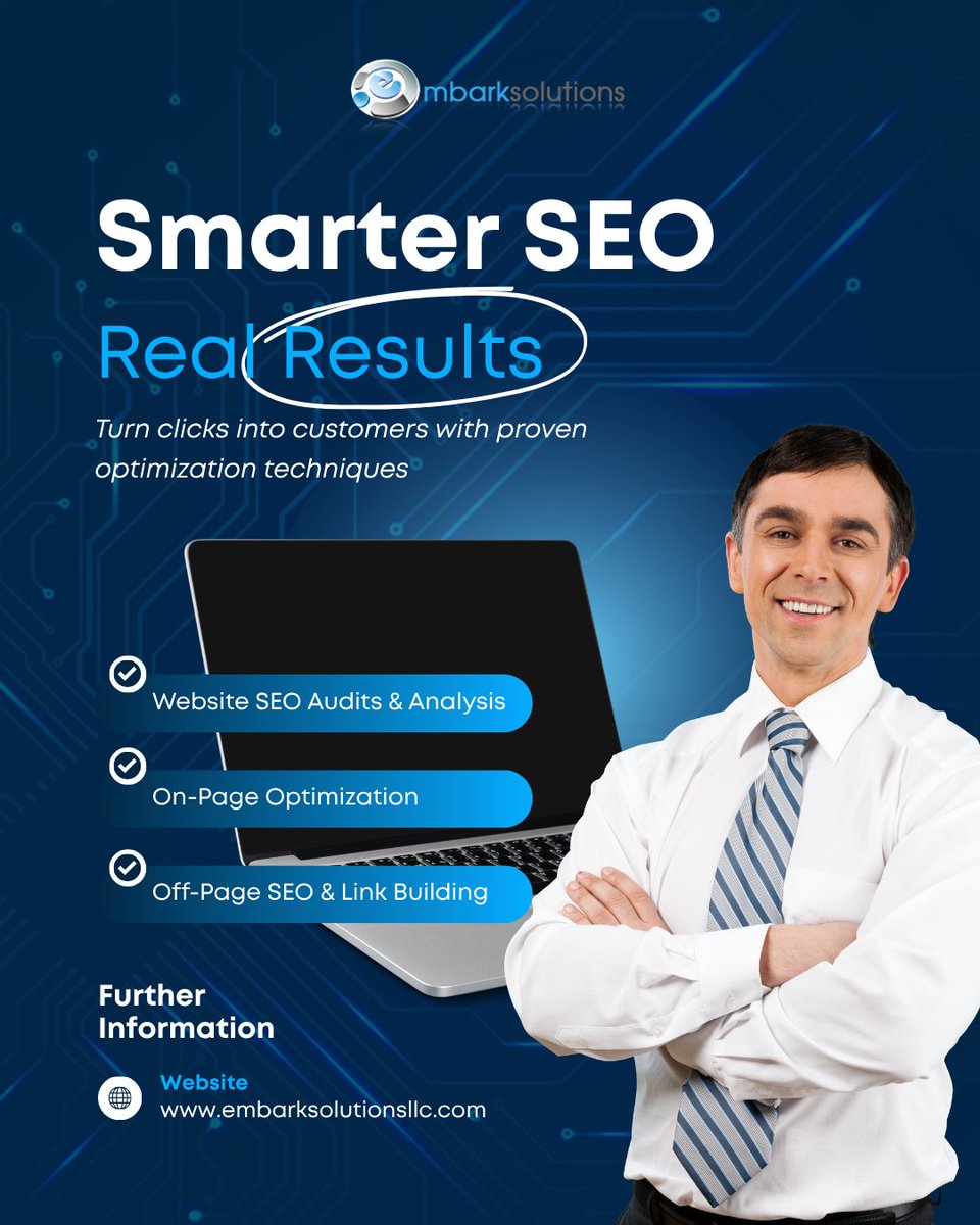 embarksolution's tweet photo. Your website doesn’t need more clicks—it needs the right clicks.

From SEO audits to on-page optimization &amp; link building, we turn searches into opportunities and traffic into customers.

Be found. Get noticed. Grow organically.

#SEO #SEOServices #DigitalMarketing #OrganicGrowth https://t.co/CcuMMjj88S