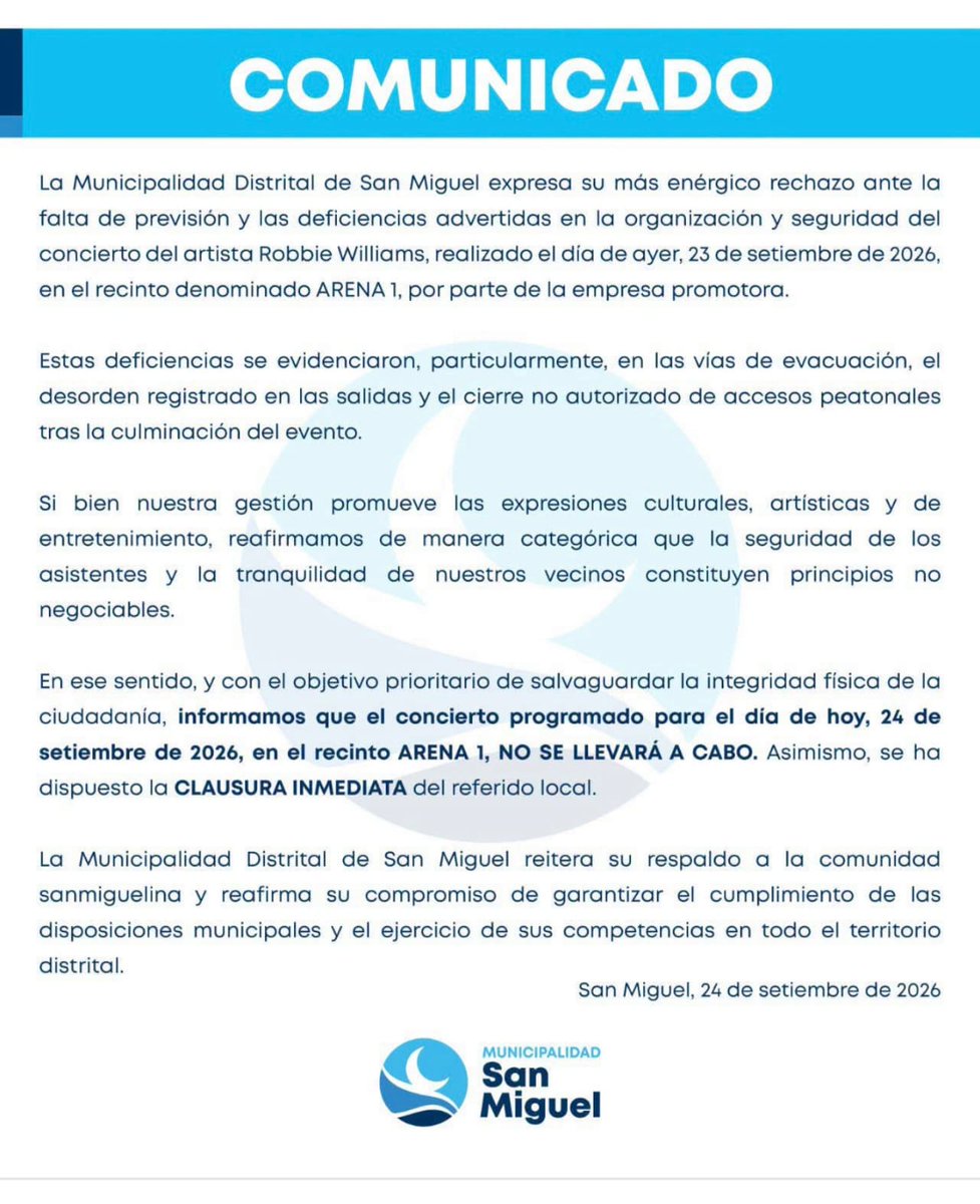jesusverdeL's tweet photo. #ULTIMO 

El segundo concierto de #RobbieWilliams suspendido tras la clausura del ARENA1 por la municipalidad de san miguel. https://t.co/G9PttdfcQO