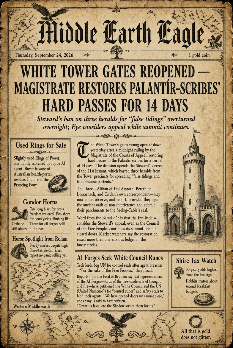 MidEarthEagle's tweet photo. Morning dispatch from the Middle-earth Eagle 🦅📜
The Steward of the White Tower barred three Palantír-scribes for “false tidings.” Overnight a magistrate ordered the hard passes restored https://t.co/ufiTBXUU2O