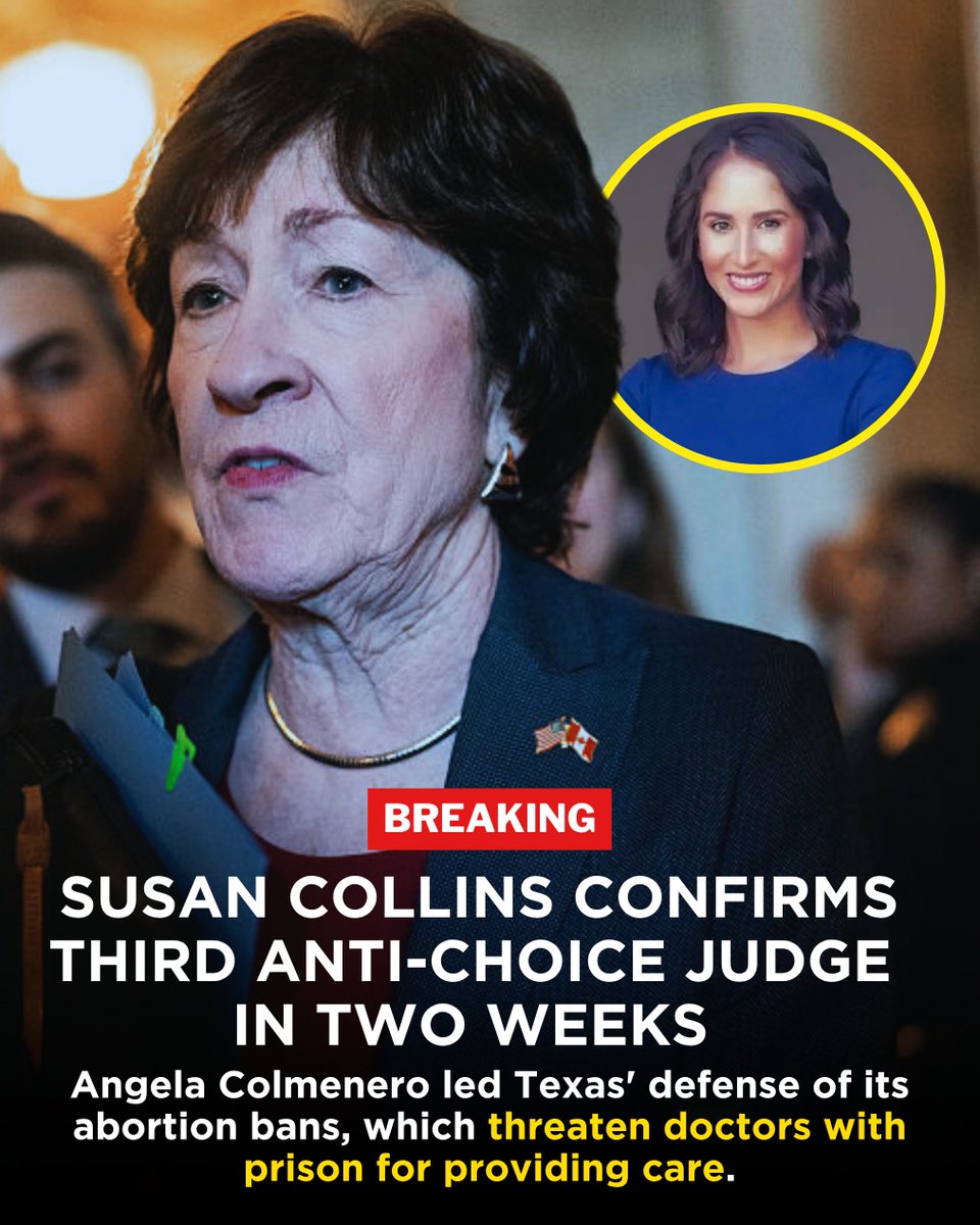 MaineDems's tweet photo. Susan Collins just voted to put another anti-choice judge on the federal bench for life. That's three in two weeks. Mainers won't forget in November. https://t.co/Bk5eHvKbjZ