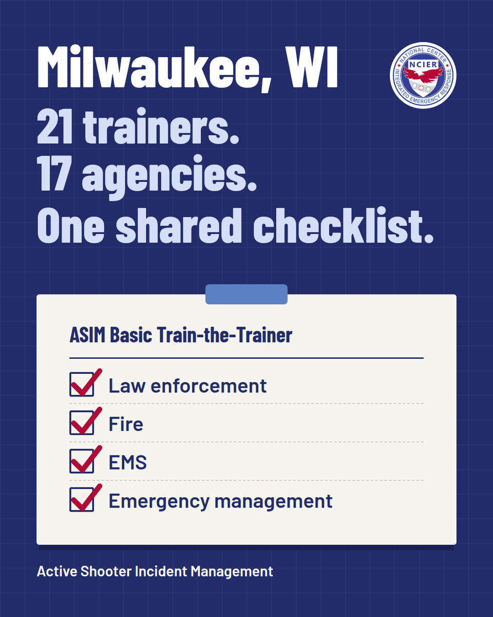 C3NCIER's tweet photo. Congrats to 21 new ASIM Basic Trainers from 17 agencies, certified last week in Milwaukee, WI. Thank you to the @cityofmilwaukee Fire Department for hosting us at the MKE Urban Stables. https://t.co/ivScOy0wve
#ASIM #PublicSafety #FirstResponders#ASIM https://t.co/Iyu0ZOVyk8
